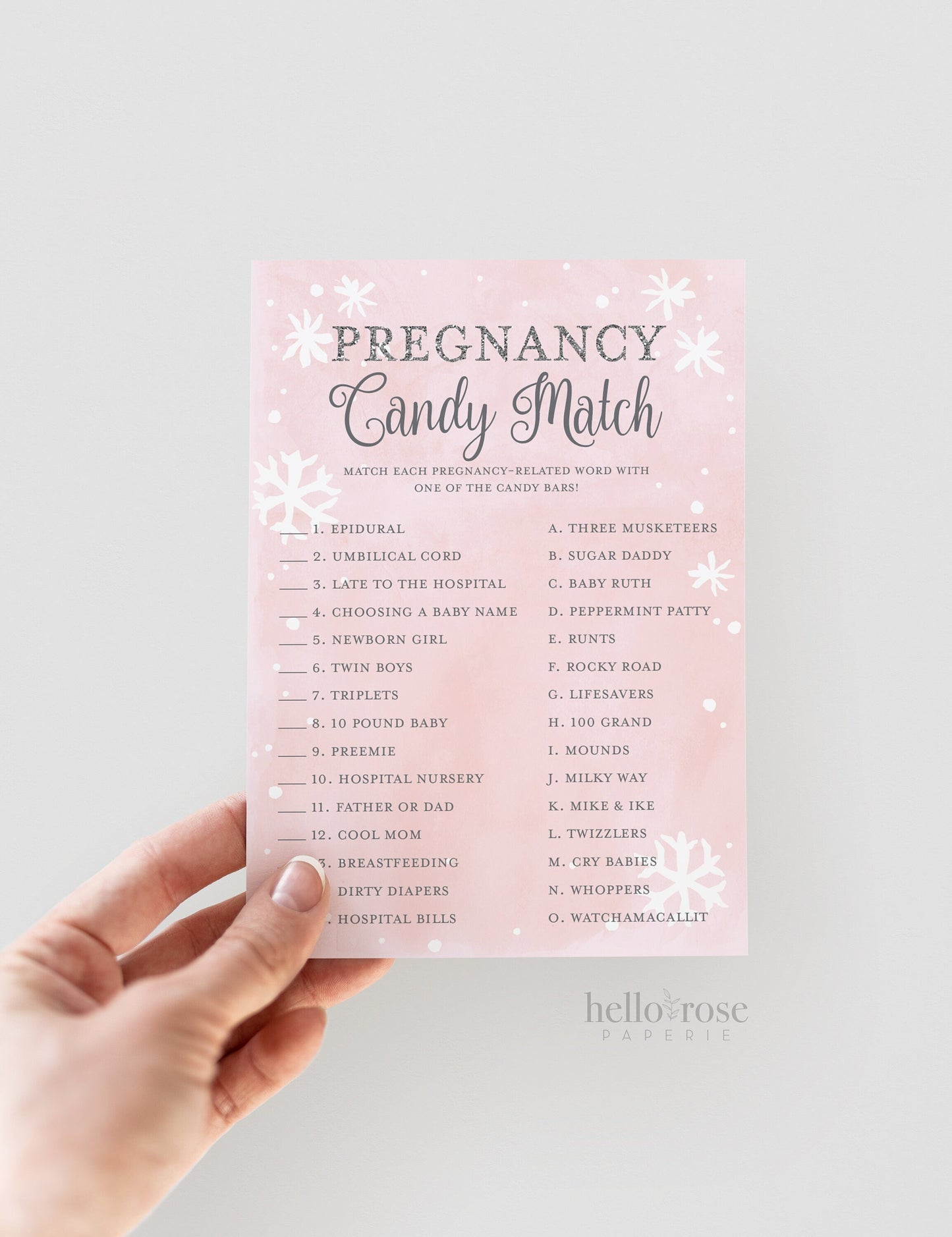 Pregnancy Candy Match . Baby Shower Game . Baby It's Cold Outside Girl . Pink Silver . Winter Snowflakes . Printable Instant Download