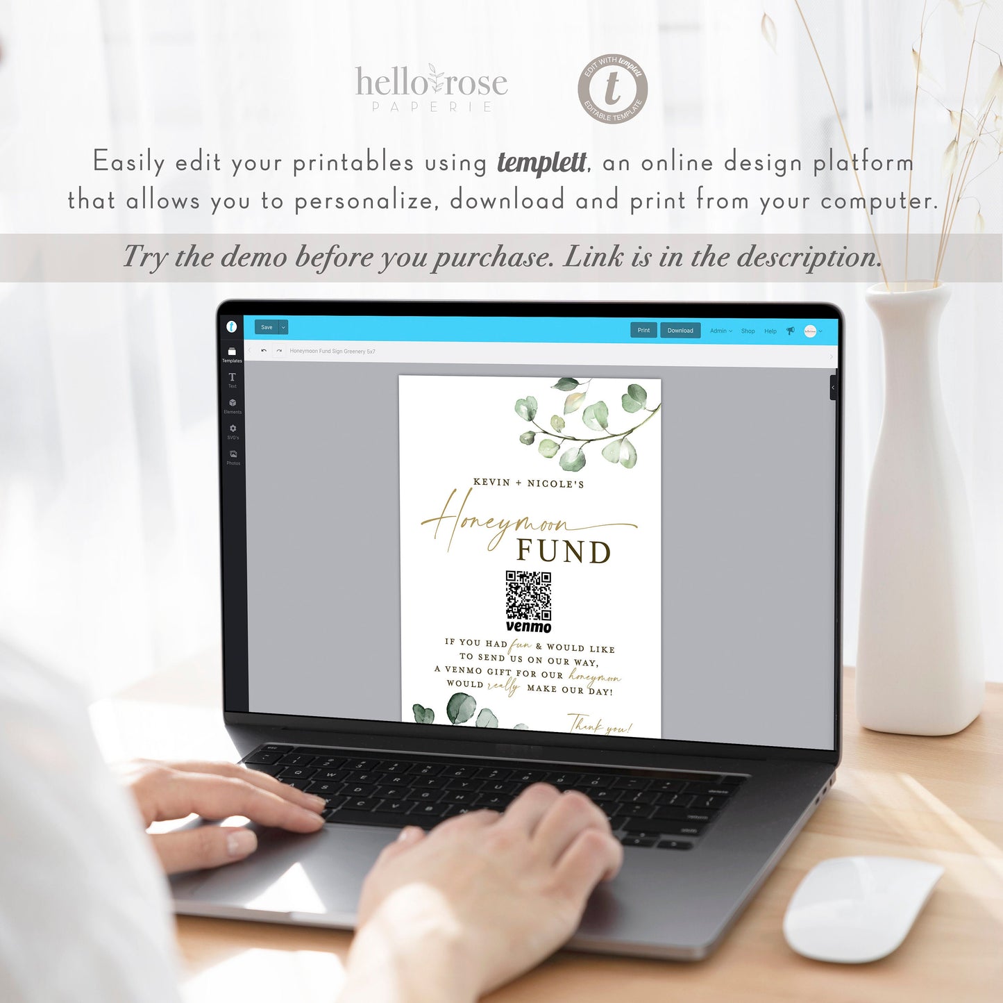 Honeymoon Fund QR Code Wedding Sign . Venmo Wedding Honeymoon Cash Gift Sign Printable Template . Greenery . Instant Download Templett G2-T