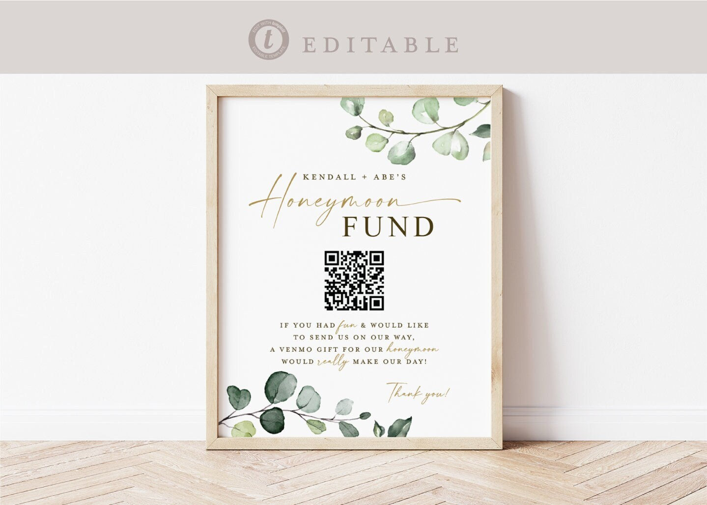 Honeymoon Fund QR Code Wedding Sign . Venmo Wedding Honeymoon Cash Gift Sign Printable Template . Greenery . Instant Download Templett G2-T