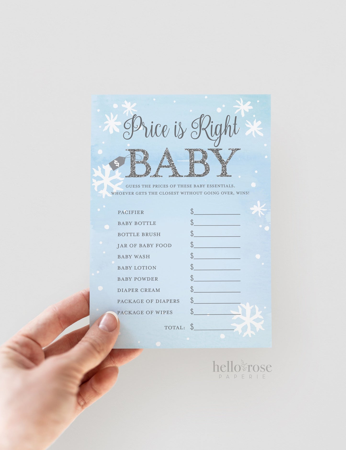 The Price is Right Baby Shower Game . Baby It's Cold Outside Boy . Winter Snowflakes Blue and Silver . Printable Instant Download