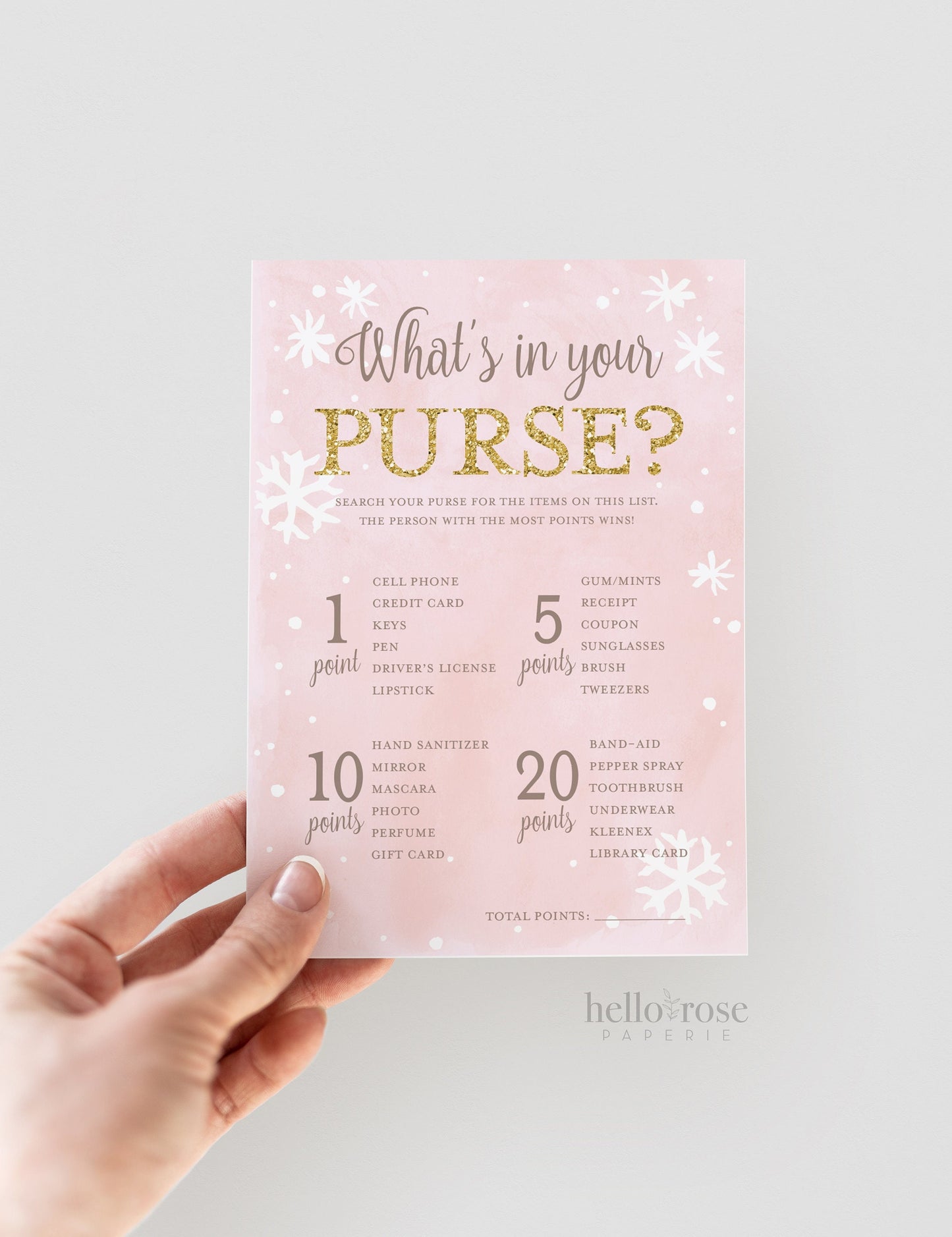 Whats in Your Purse Baby Shower Game . Winter Girl Baby Shower . Baby its Cold Outside . Pink and Gold Glitter . Printable Digital Download