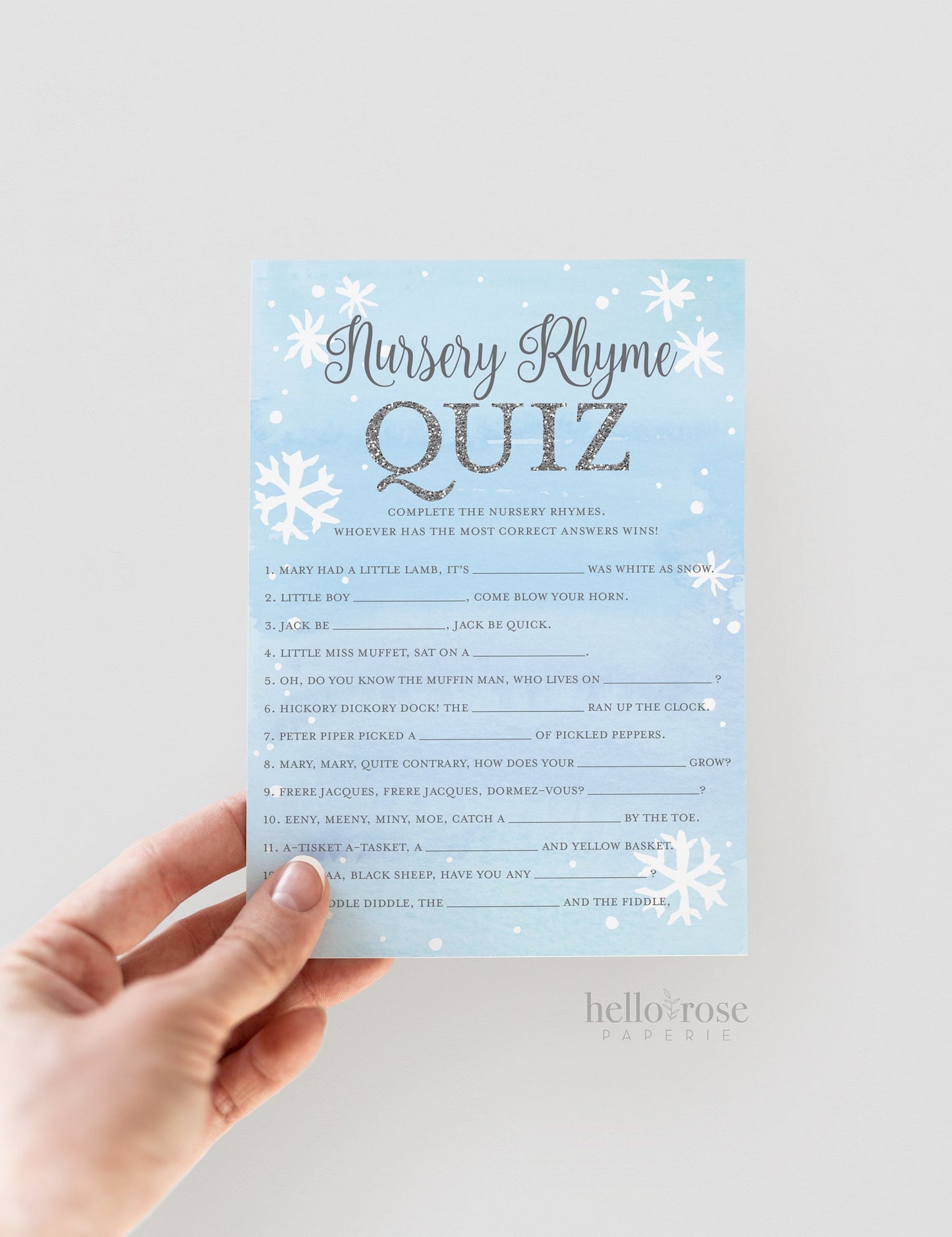 Nursery Rhyme Quiz Baby Shower Trivia Game . Baby It's Cold Outside Boy . Blue and Silver . Winter Snowflakes . Printable Instant Download