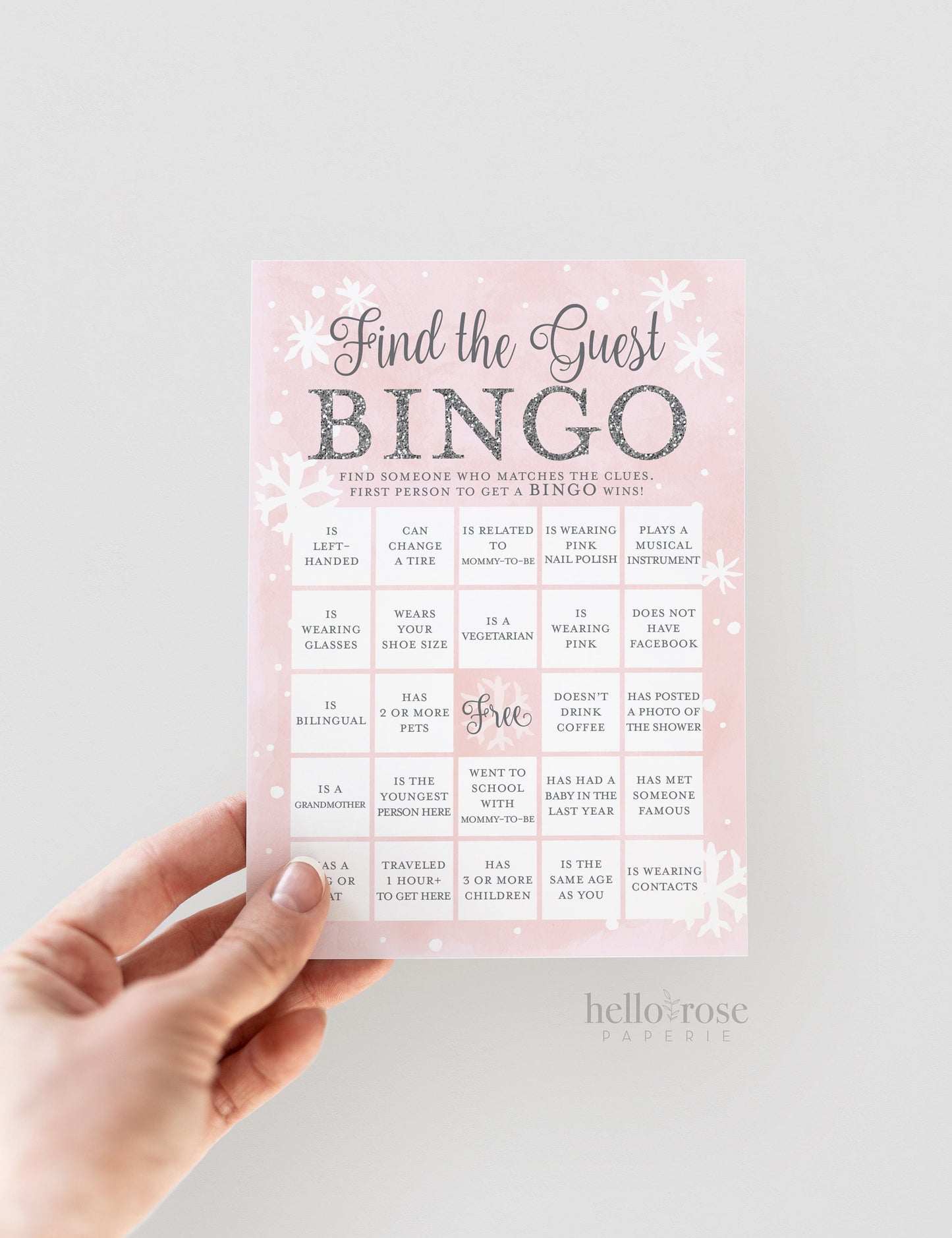 Find the Guest Bingo . Icebreaker Baby Shower Game Girl . Pink Silver . Winter Wonderland Baby its Cold Outside Snowflake . Instant Download