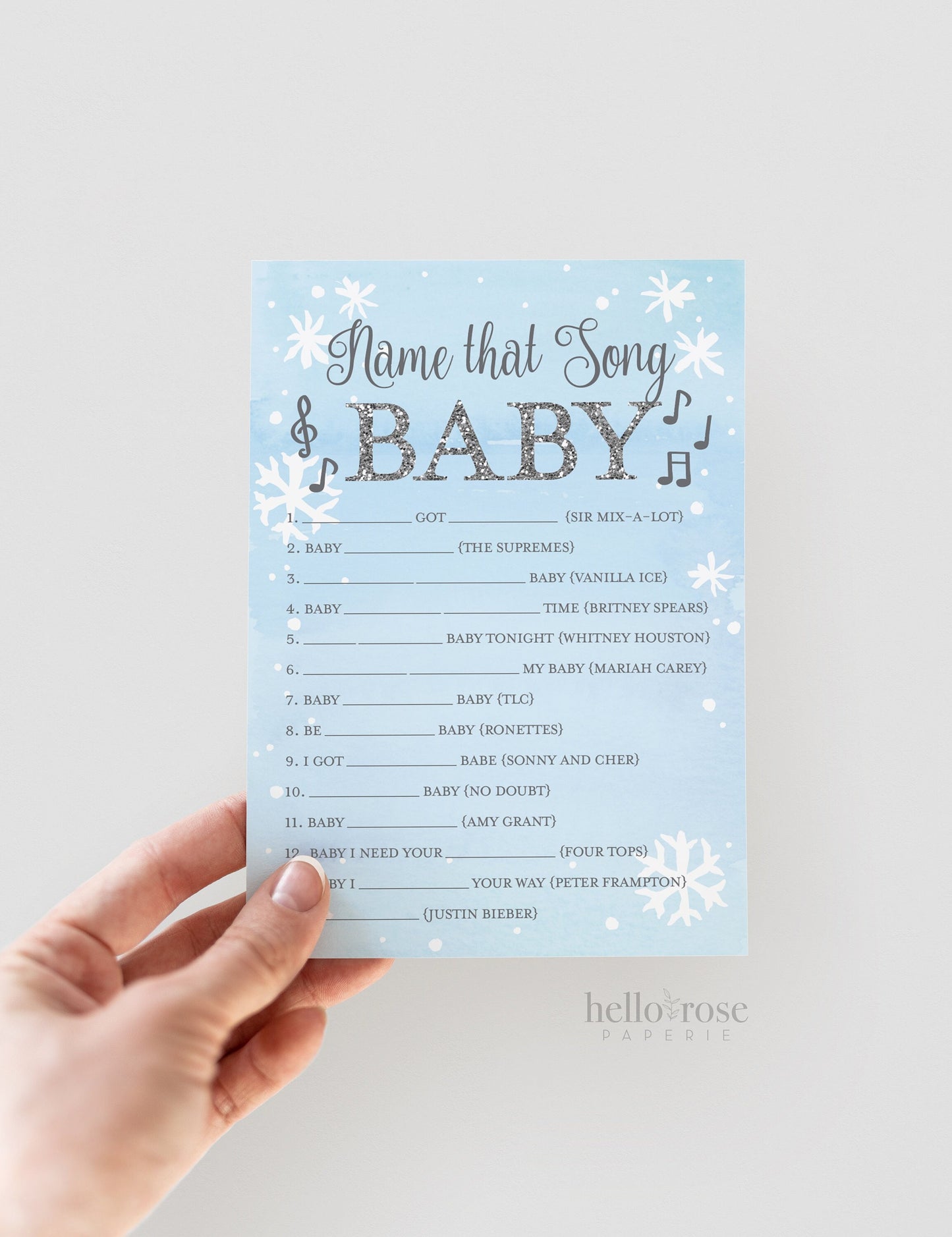 Name That Song Baby Shower Game . Baby It's Cold Outside Boy . Winter Snowflakes Blue and Silver . Printable or Virtual Instant Download