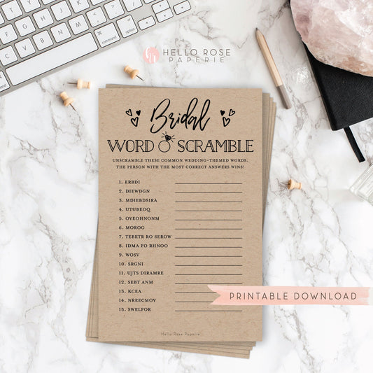 Bridal Word Scramble Printable Bridal Shower Game . Bachelorette Hens Party . Kraft Rustic + Minimalist . Instant Digital Download PDF