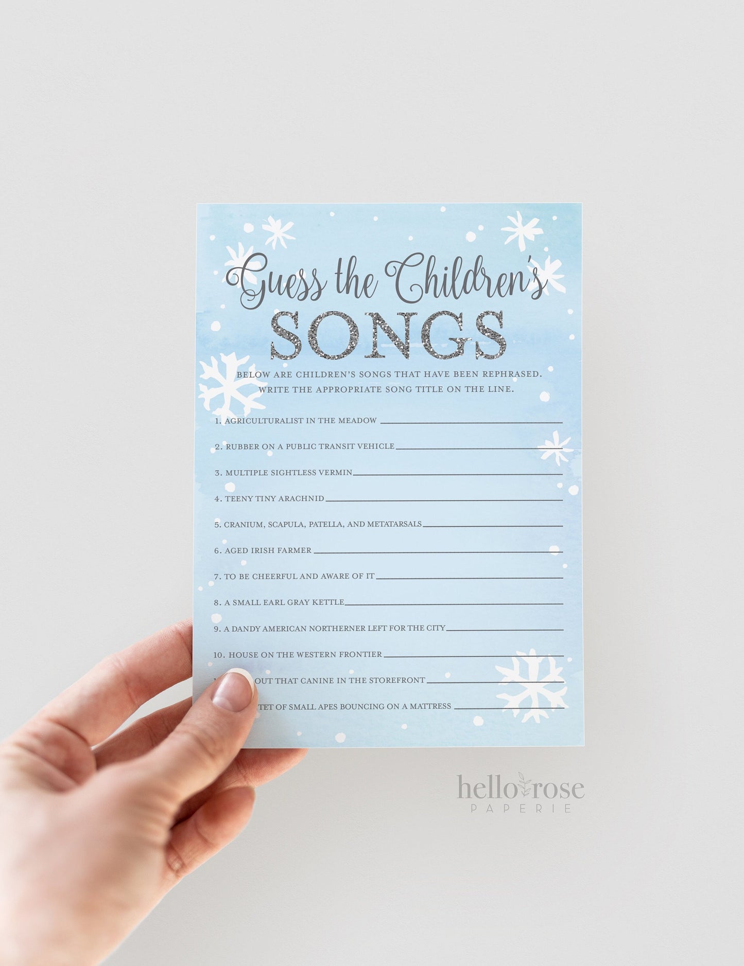 Guess the Children's Songs Baby Shower Game . Baby It's Cold Outside Boy . Winter Snowflakes Blue and Silver . Printable Instant Download