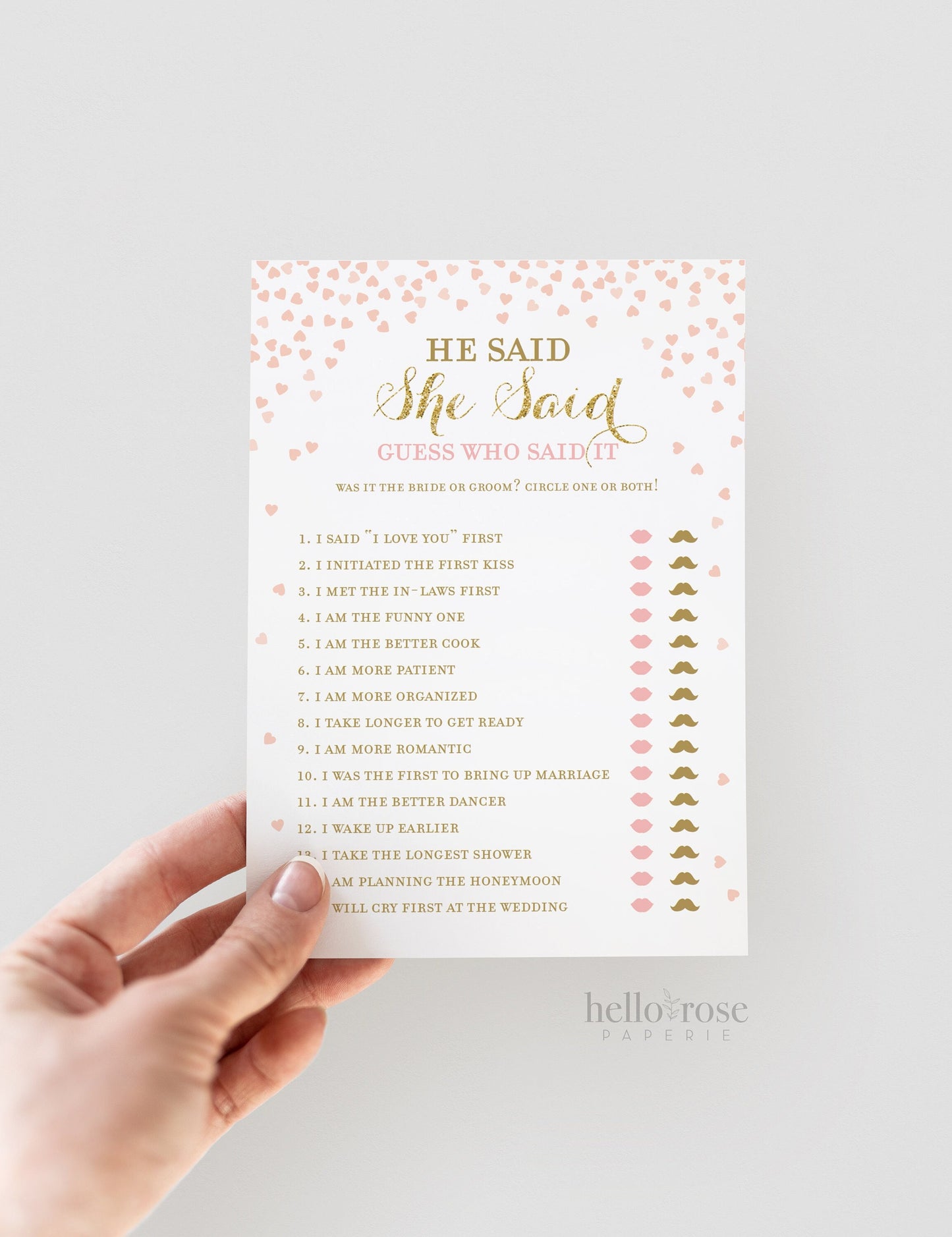 He Said She Said Bridal Shower Game . Pink and Gold Wedding Shower . Hens Party . Bachelorette Party Game . Printable Instant Download