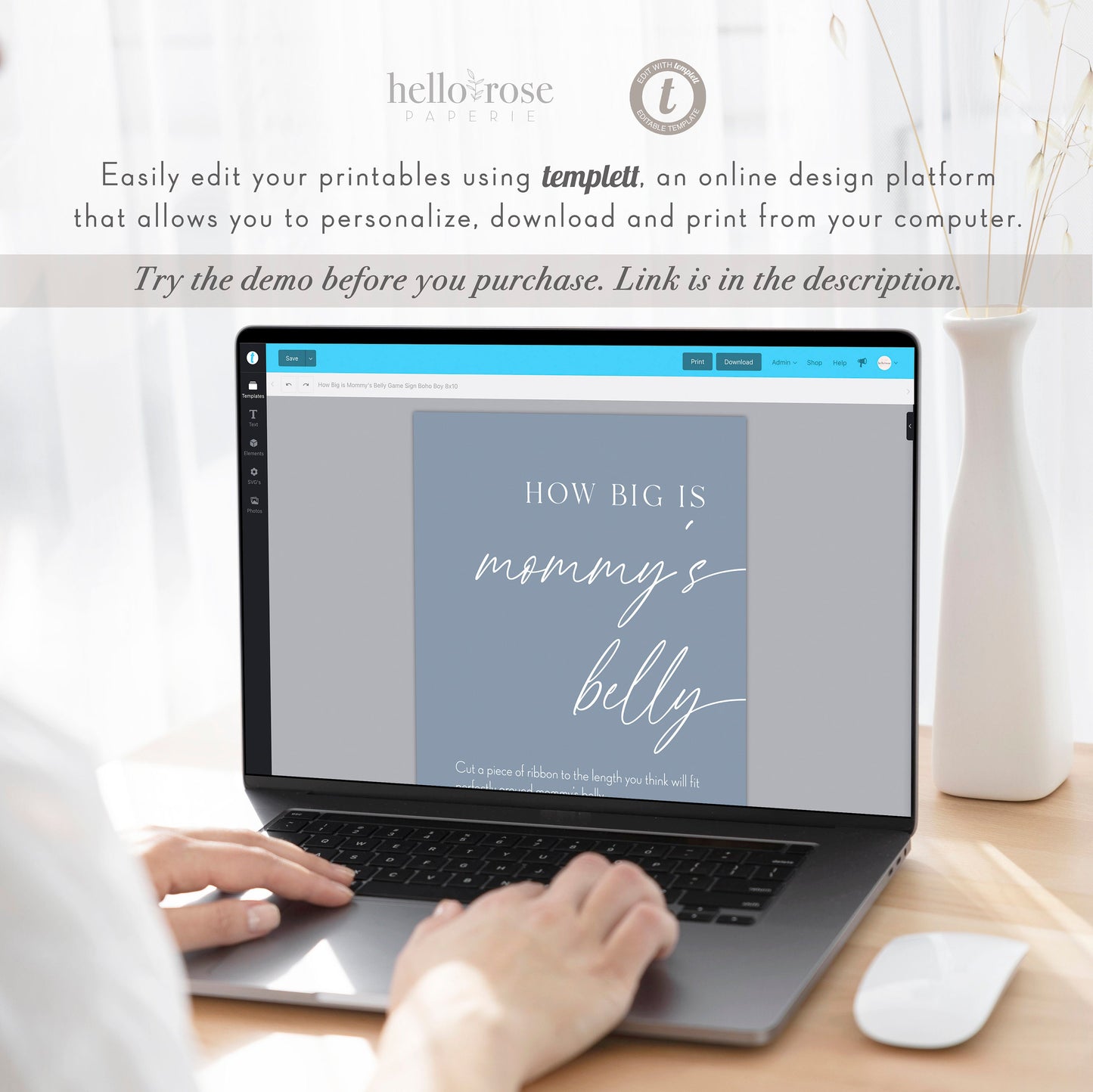 How Big is Mommy's Belly Boho Baby Shower Games Printable Sign . Blue Boy Minimalist . Editable Template . Instant Download Templett