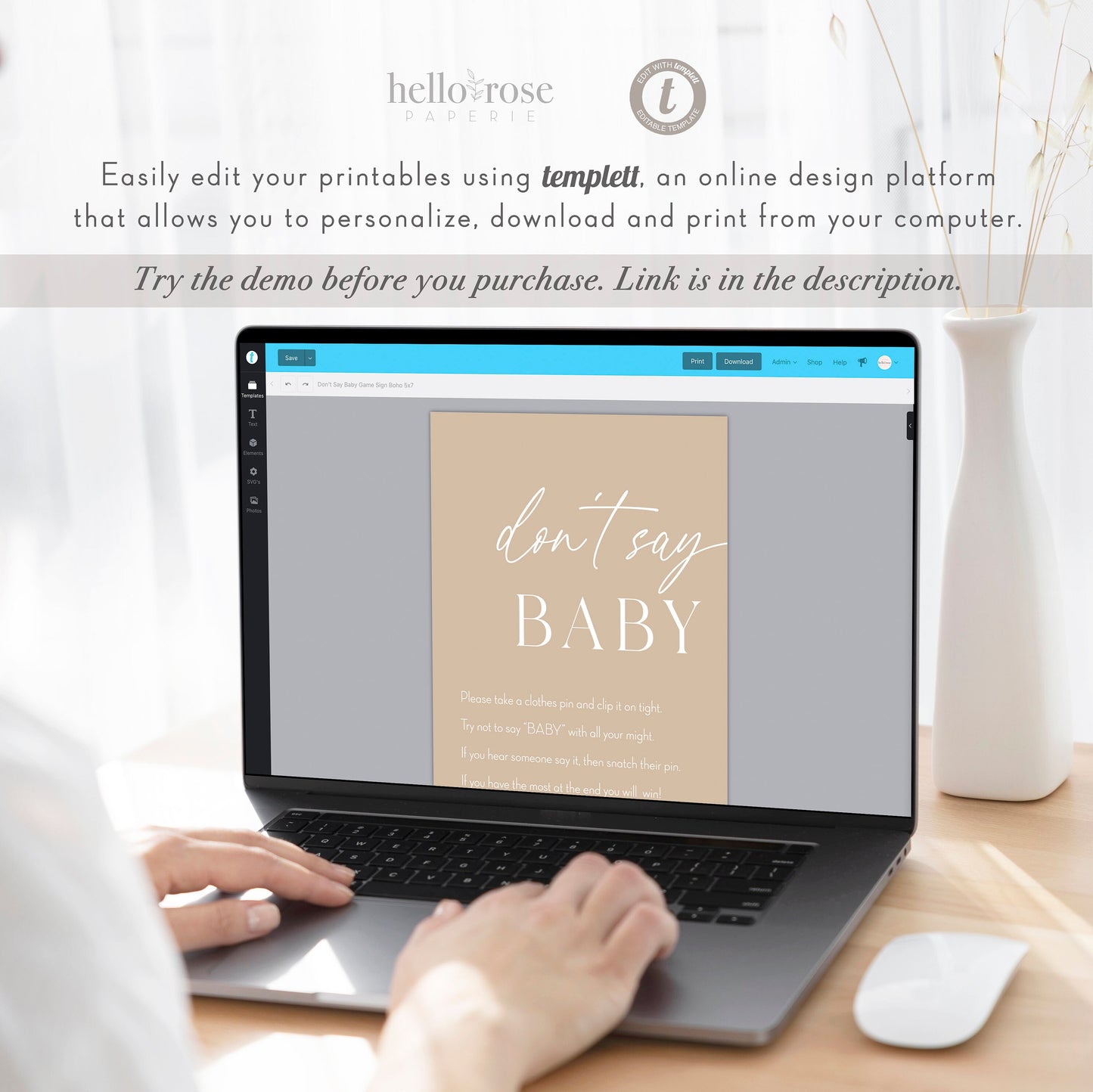 Don't Say Baby Boho Baby Shower Games Printable Sign . Beige Brown Boy Girl Minimalist . Editable Template . Instant Download Templett