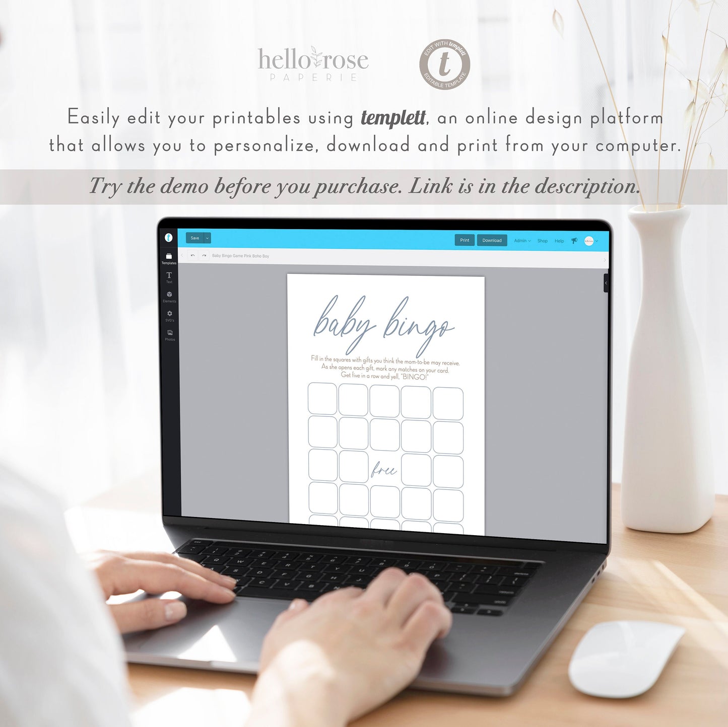 Baby Bingo Gift Opening Boho Baby Shower Printable Game . Blue Boy Minimalist . Editable Template . Instant Download Templett