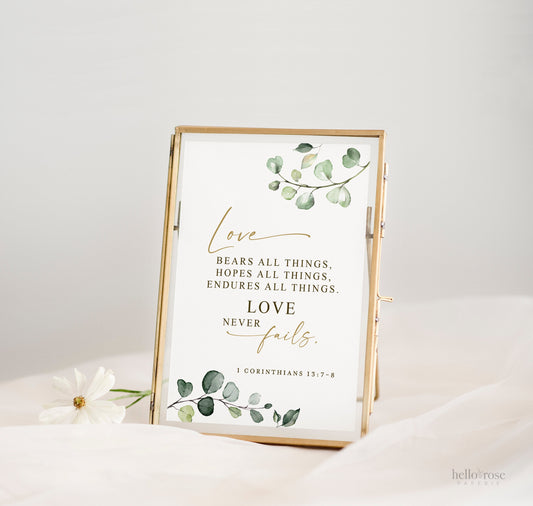 1 Corinthians 13:7-8 . Love Never Fails Bible Verse . Wedding Printable Christian Wall Art Sign . Greenery and Gold . Instant Download G2