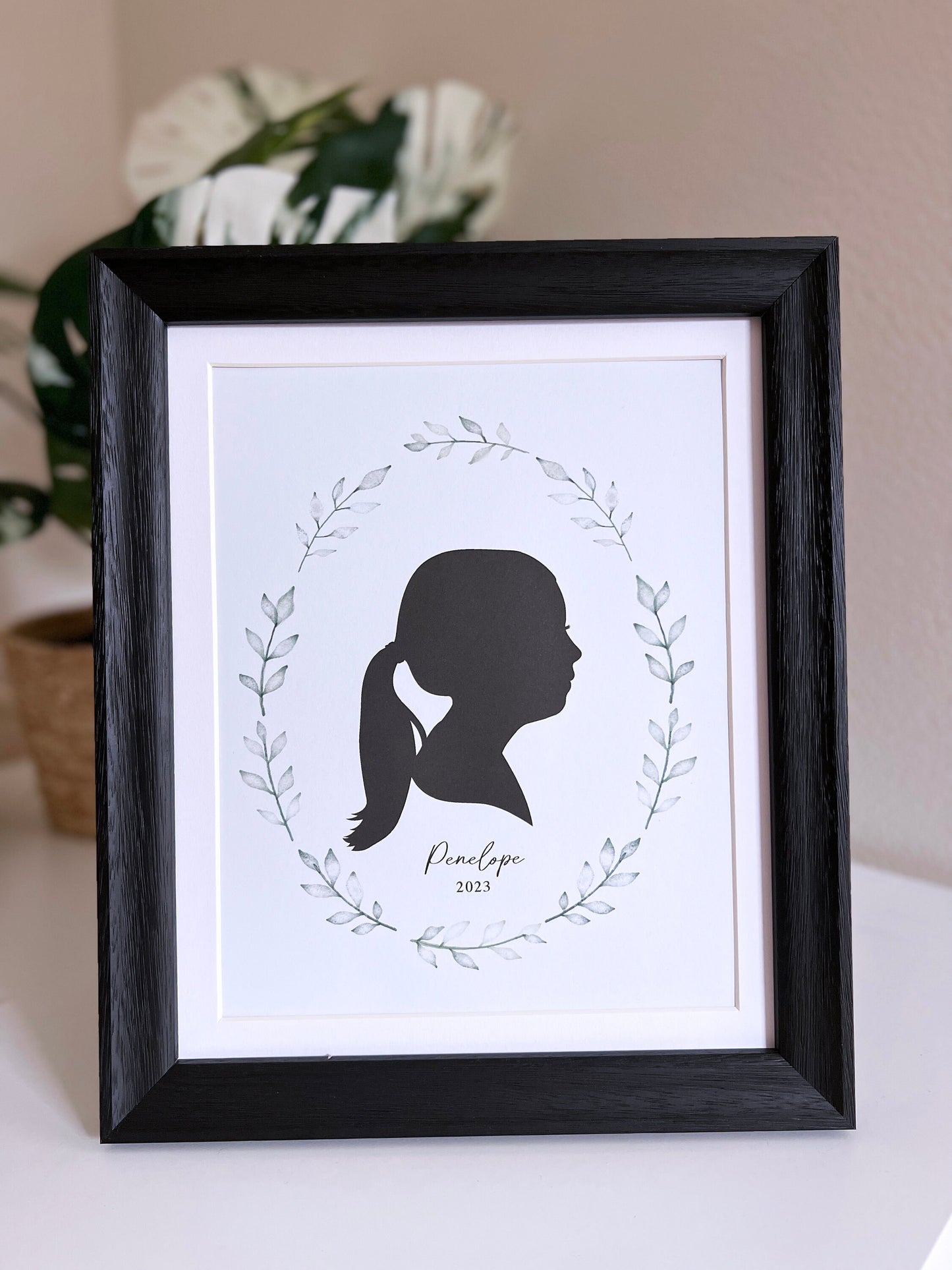 Silhouette Portrait Printable . Personalized with Child's Silhouette from a Photo . Greenery . Gift for Her Mom . Digital Download Printable