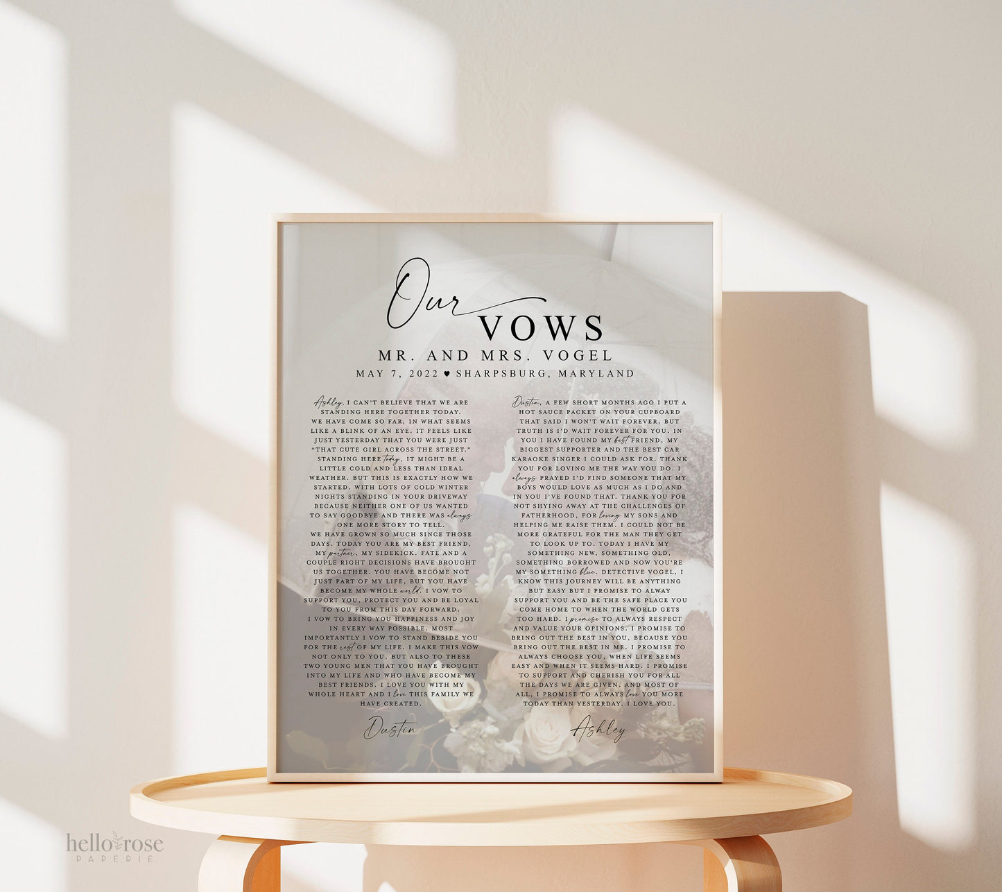 Personalized Wedding Vows Printable Gift Print with Photo . First Paper Wedding Anniversary Gift for Him Her . Wall Art Digital Download