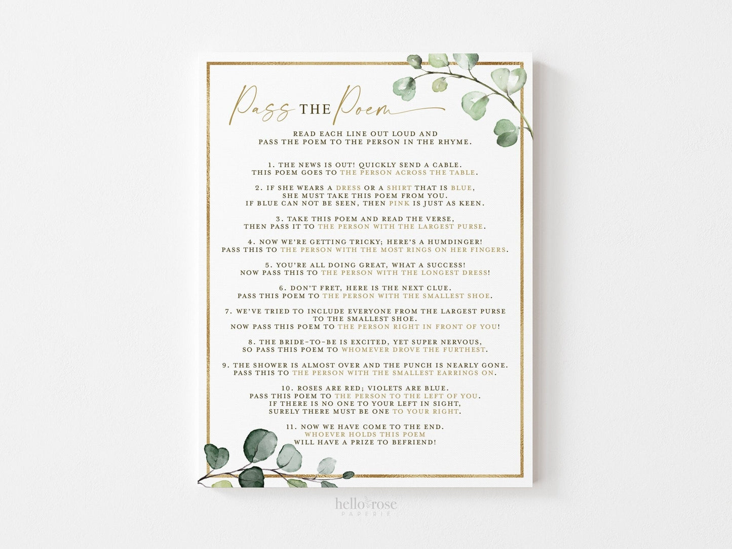 Pass the Poem Bridal Shower Printable Game . Greenery and Gold . Gift Passing Poem . Printable 8.5x11 . Instant Digital Download . G2