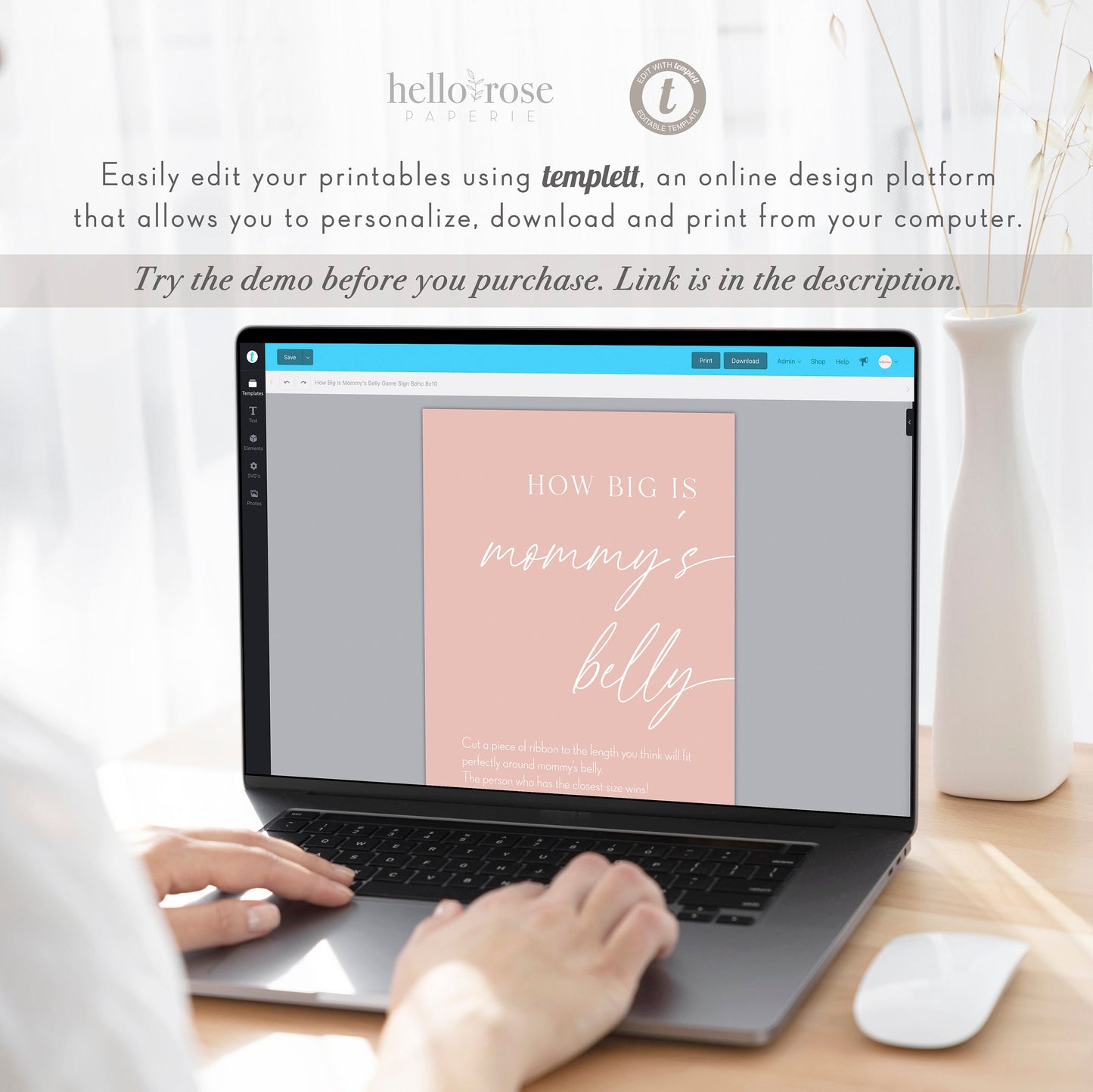 How Big is Mommy's Belly Boho Baby Shower Games Printable Sign . Blush Pink Girl Minimalist . Editable Template . Instant Download Templett