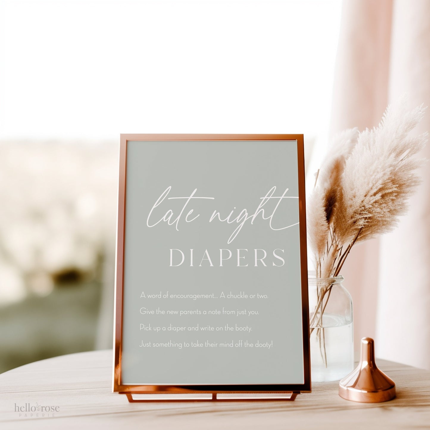 Late Night Diapers Boho Baby Shower Games Printable Sign . Sage Green Boy Girl Minimalist . Editable Template . Instant Download Templett