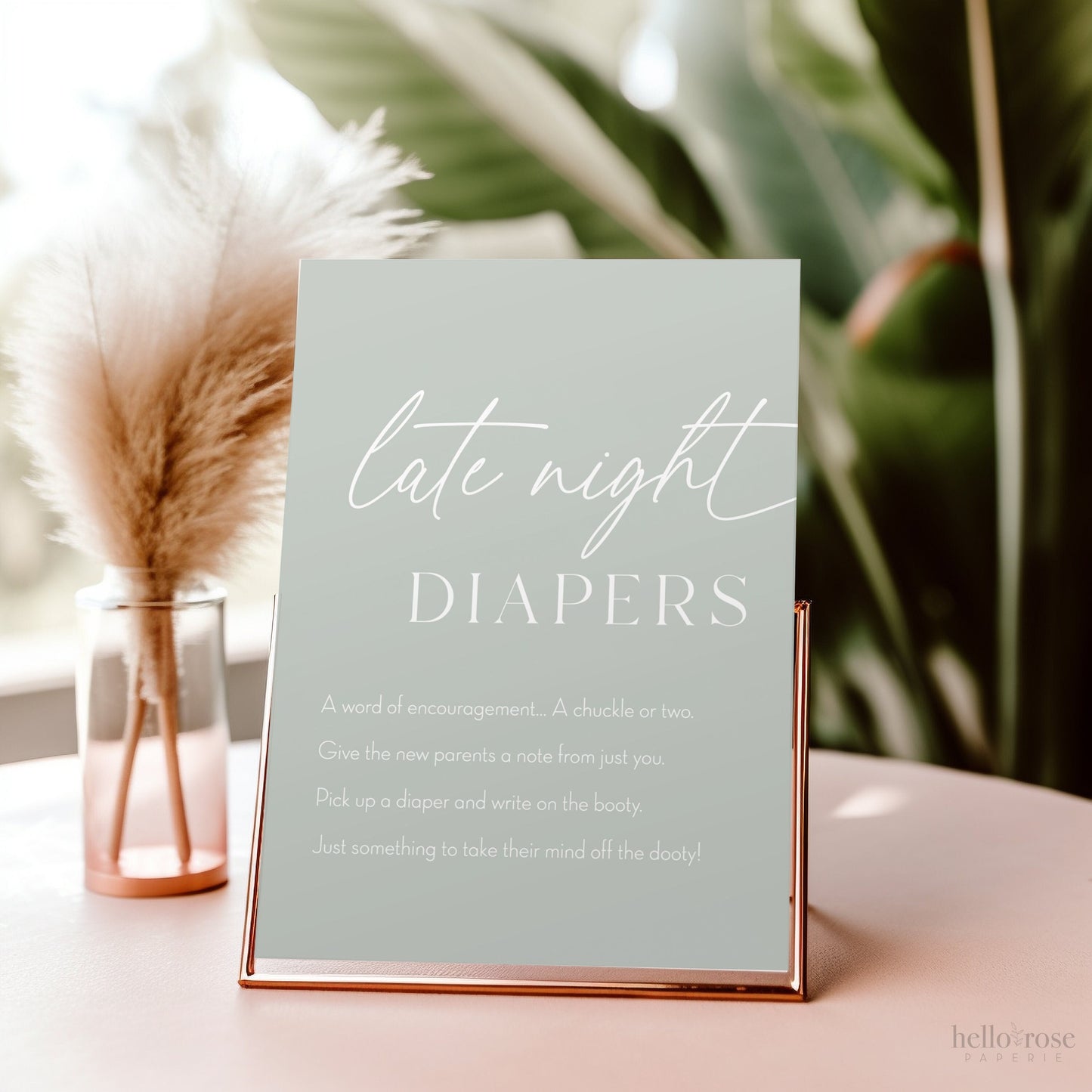 Late Night Diapers Boho Baby Shower Games Printable Sign . Sage Green Boy Girl Minimalist . Editable Template . Instant Download Templett