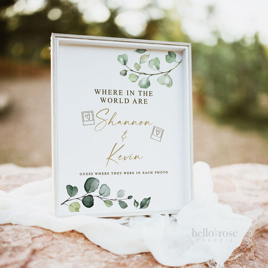 Personalized Where in the World Were They Game Cards + Sign Printable . Greenery + Gold . Bridal Shower Bachelorette . Digital Download G2