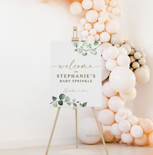 Welcome Sign Baby Sprinkle Personalized . Greenery Eucalyptus . PRINTABLE Poster . PDF Download G2