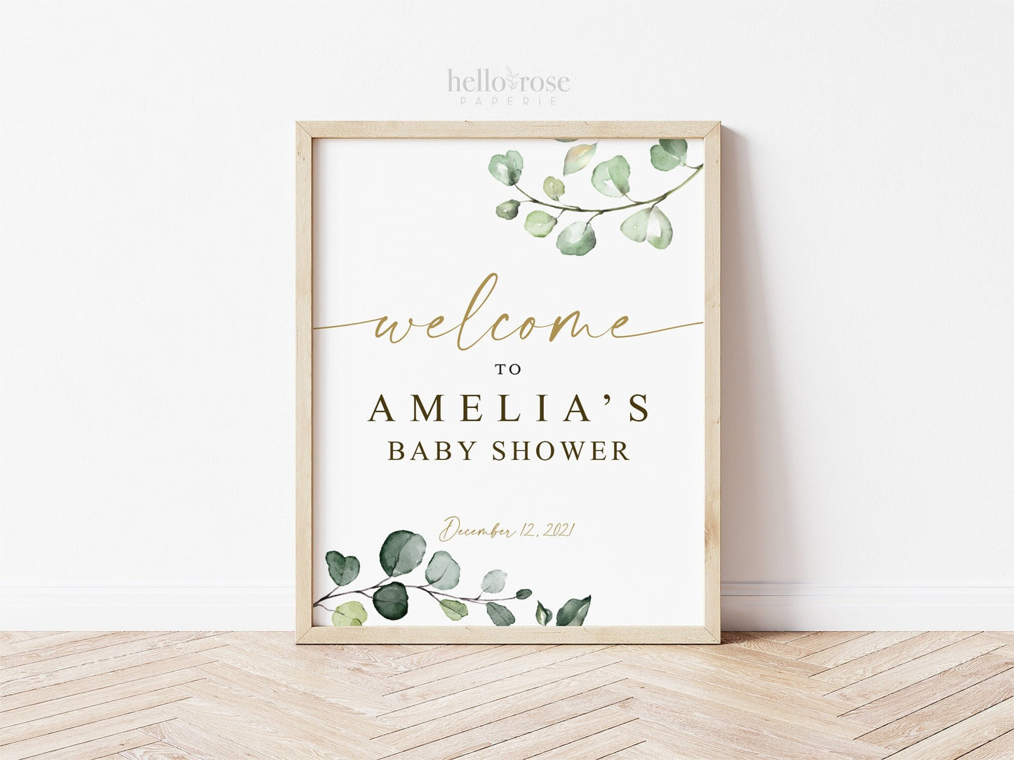 Baby Shower Welcome Sign Personalized . PRINTABLE Poster Decor Greenery and Gold . Digital Download G2