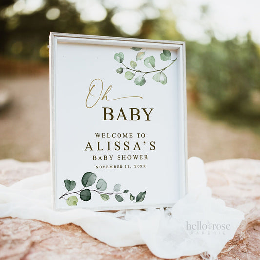 Oh Baby Welcome Personalized PRINTABLE Sign . Baby Shower Poster . Greenery and Gold . Baby Shower Decor . Digital Download G2