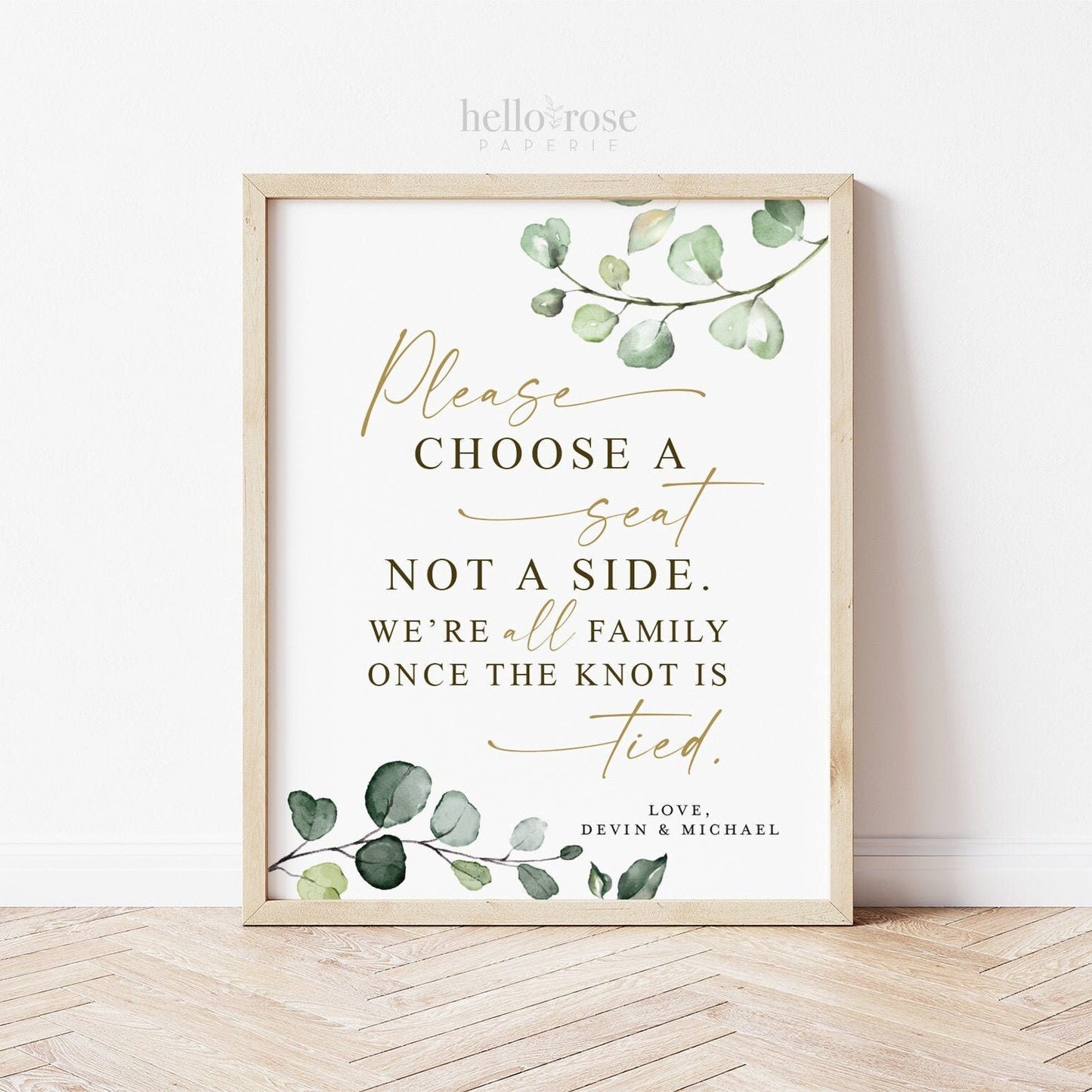 Choose a Seat Not a Side PRINTABLE Sign . Personalized Wedding Boho Poster . We're All Family . Greenery and Gold . Digital Download G2
