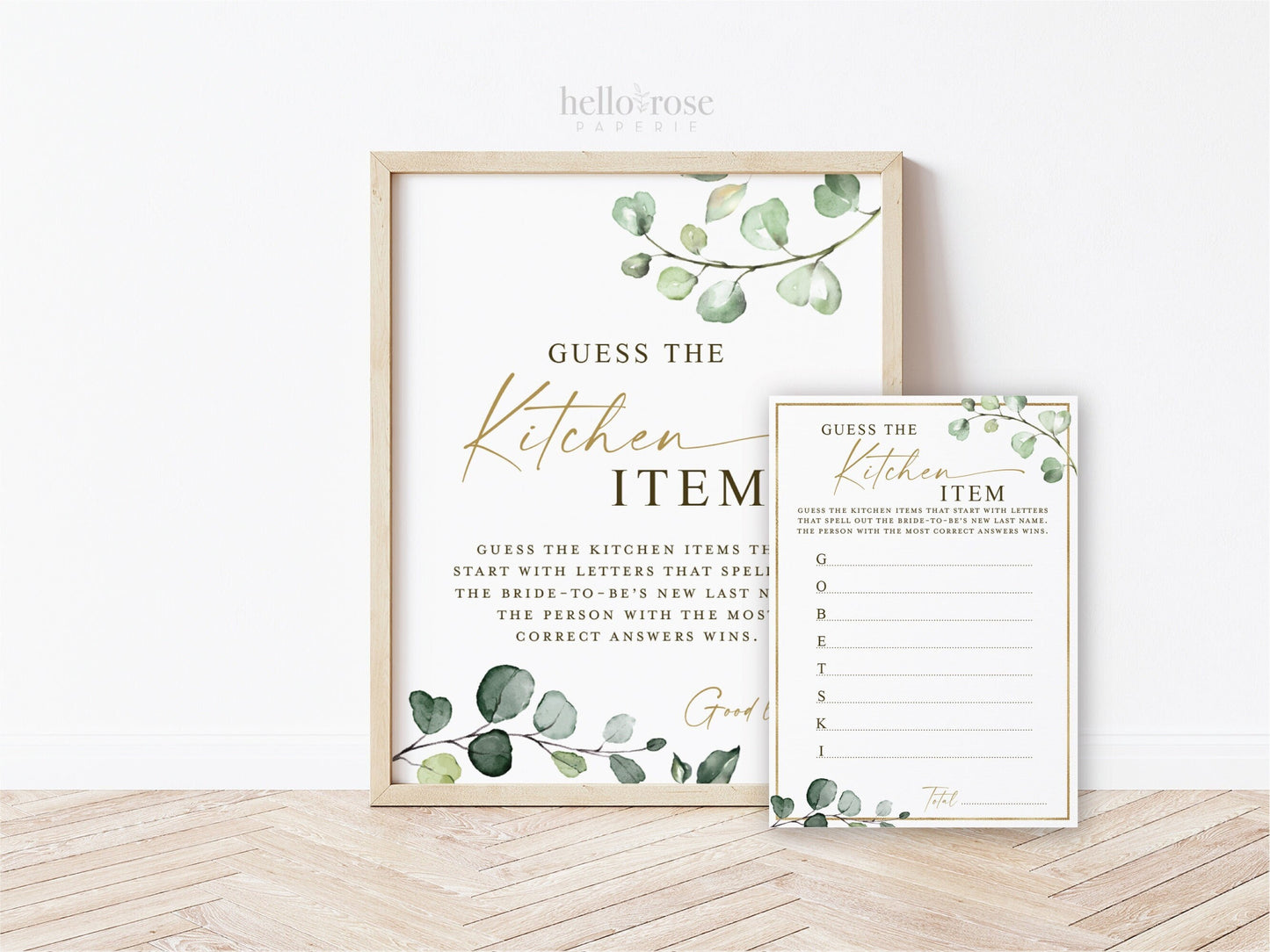 Guess the Kitchen Item Personalized Game Sign + Cards PRINTABLE . Greenery + Gold . Bridal Shower Bachelorette Party . Digital Download G2