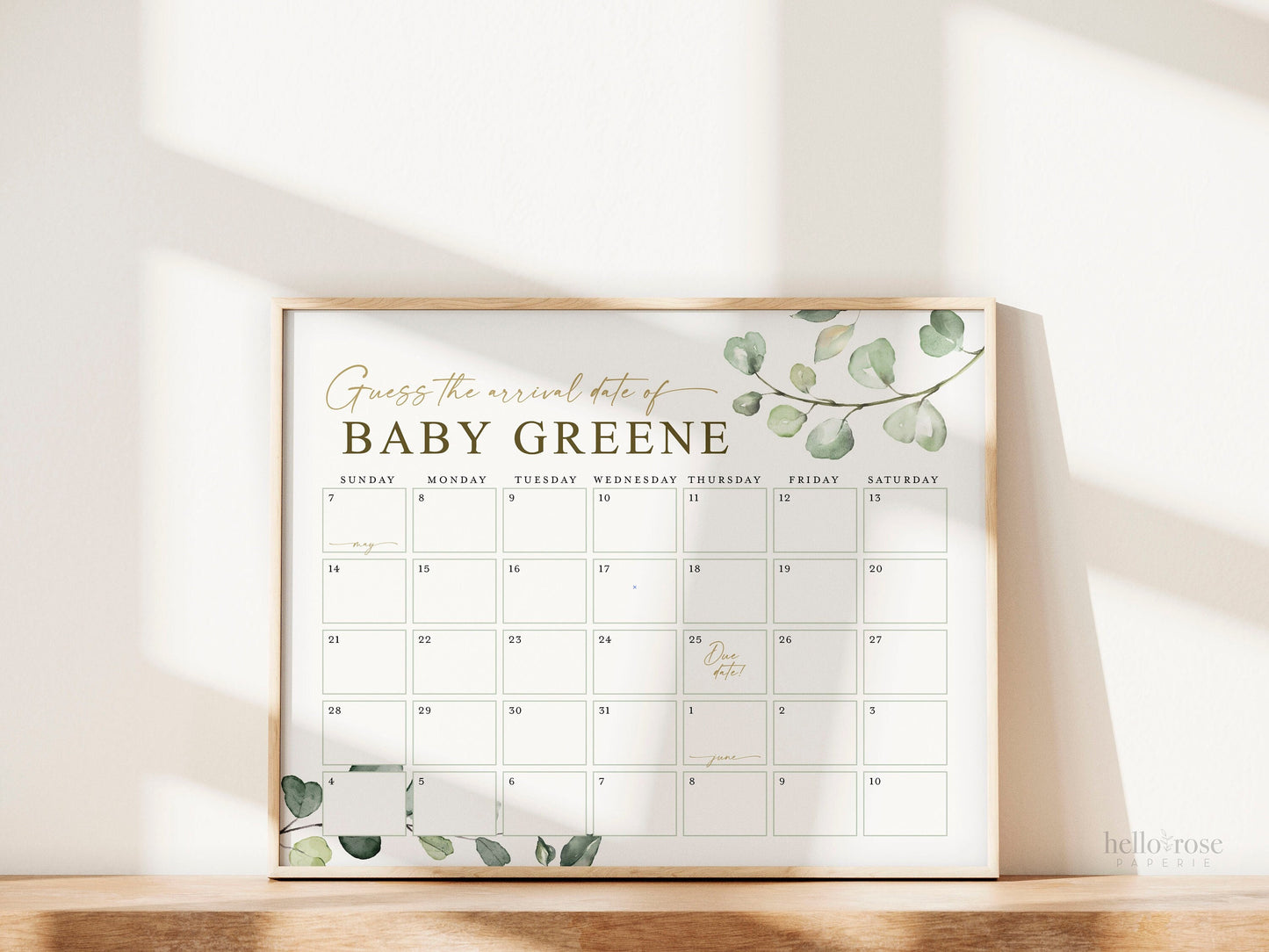 Baby Due Date Calendar Printable Game . Guess the Arrival / Baby's Due Date Custom Baby Shower Game . Greenery Eucalyptus . PDF Download G2