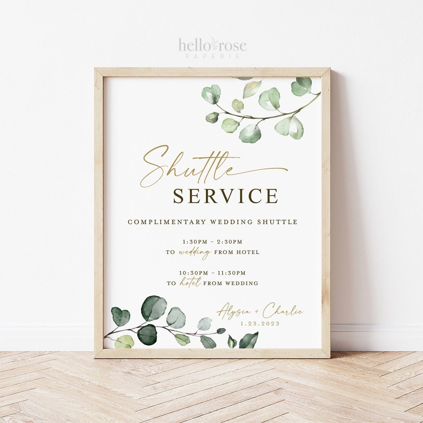 Shuttle Service Wedding Sign . Complimentary Transportation . Greenery and Gold . Personalized Printable Digital Download PDF . G2