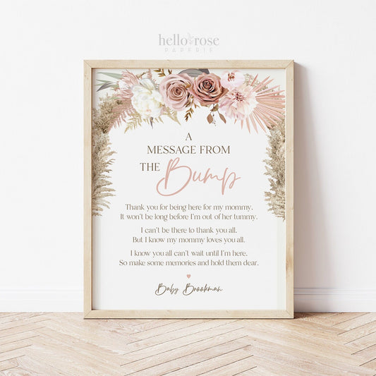 A Message From the Bump PRINTABLE Personalized Sign . Girl Baby Shower . Message From Baby . Pink Pampas Grass Floral . DIGITAL DOWNLOAD