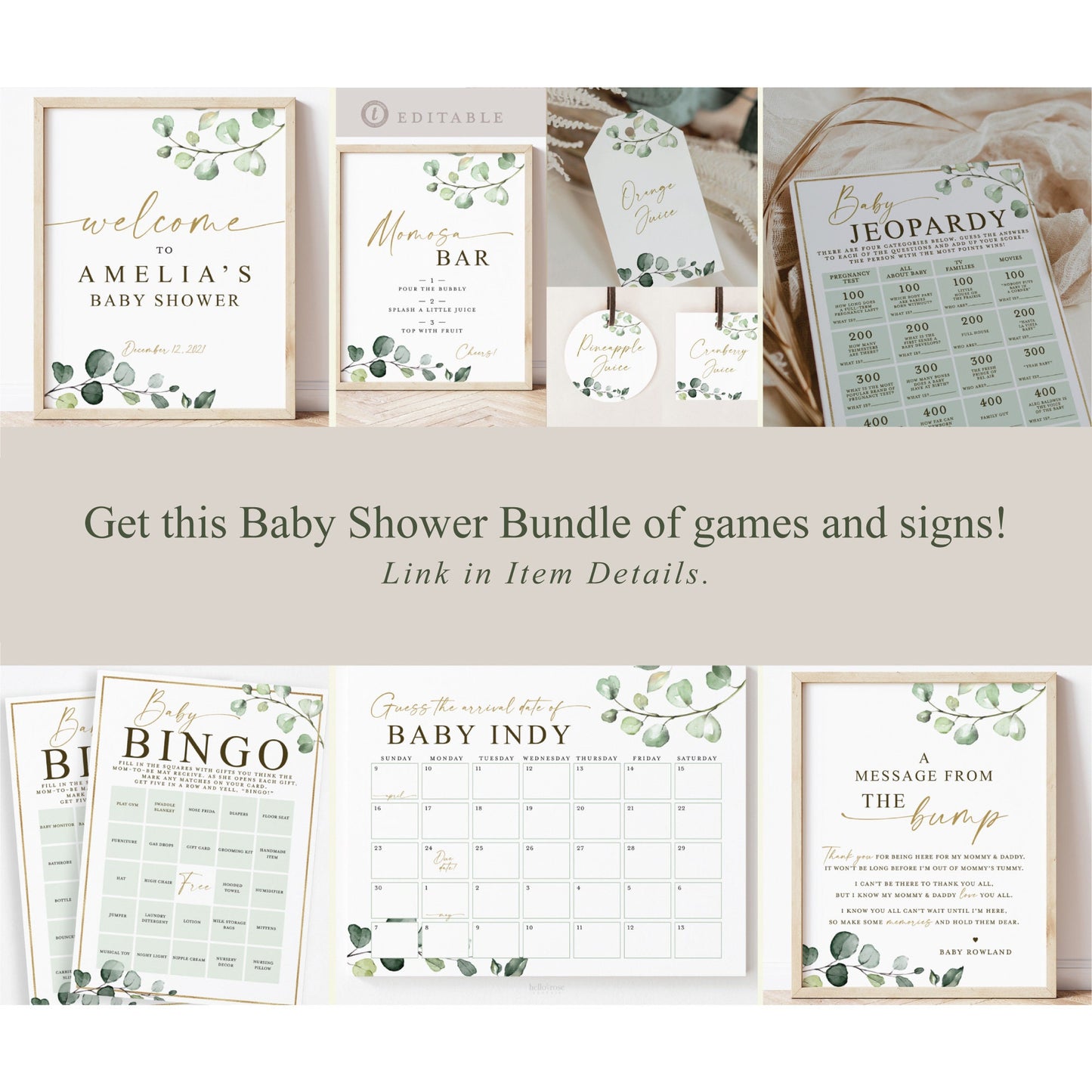 Baby Shower Printable Invitation . Girl or Boy . Greenery and Gold . Boho . Eucalyptus . Digital Download PDF or JPEG . G2