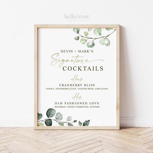 Our Signature Cocktails Wedding Bar Menu Sign . Personalized Printable with Signature Drinks . Greenery and Gold . Digital Download . G2