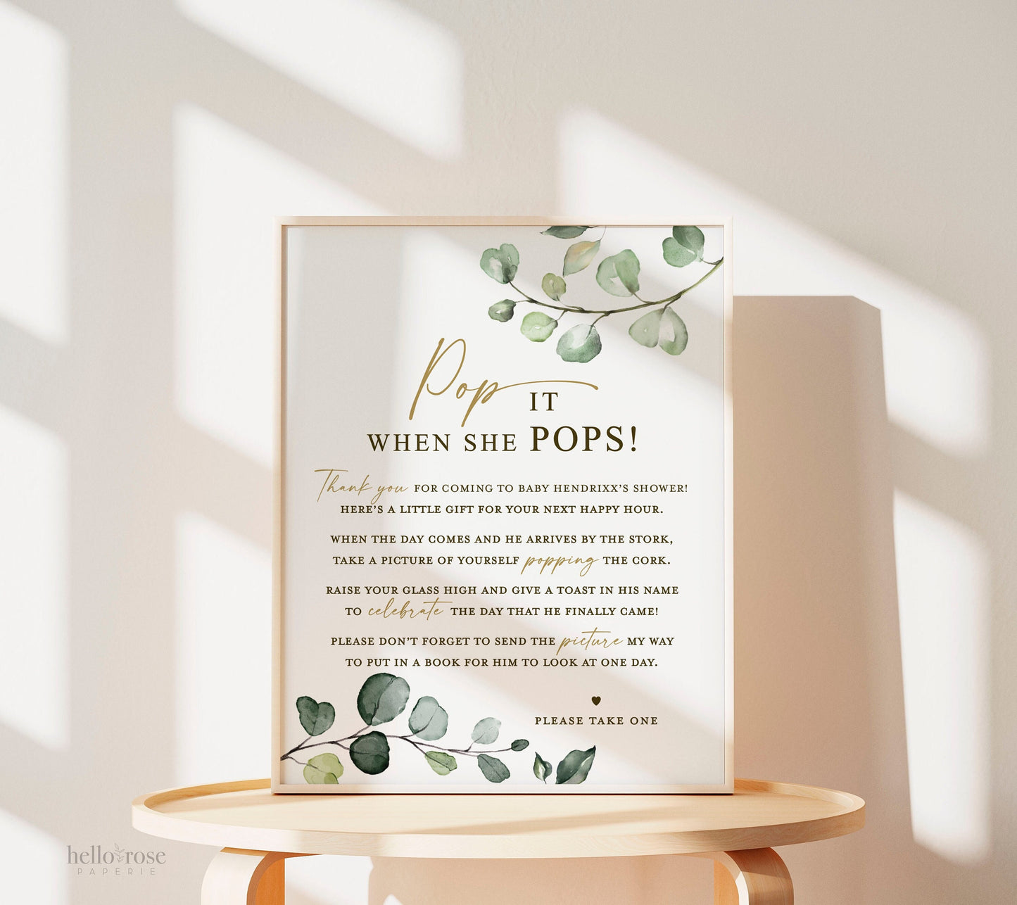 Pop it When She Pops PRINTABLE Personalized Picture Poem . Baby Shower Champagne Favors Sign . Greenery and Gold . DIGITAL DOWNLOAD 8x10 G2
