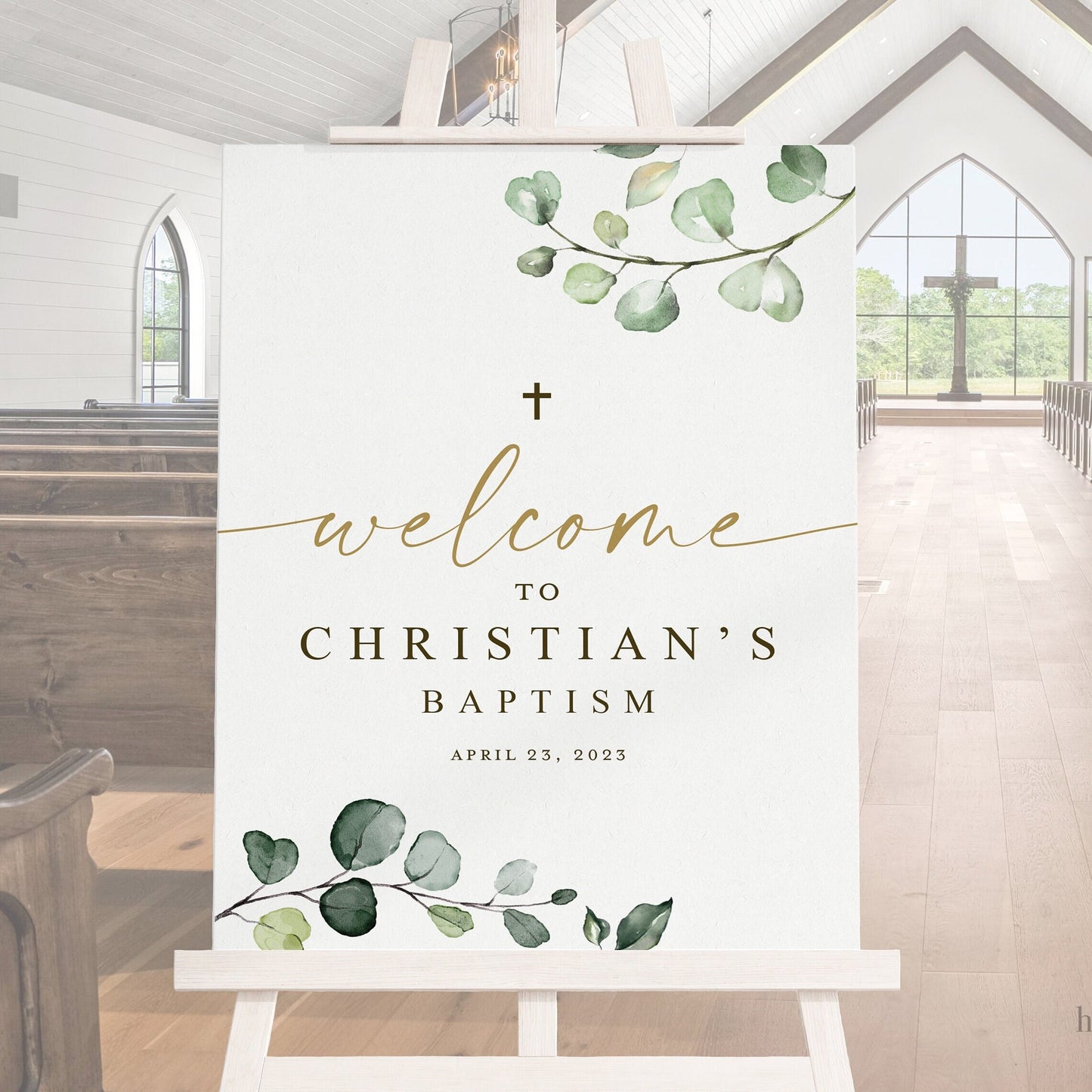 Personalized Baptism Welcome Sign . Girl Boy Baptism Christening Decor . Printable Poster Template . Greenery and Gold . PDF Download G2