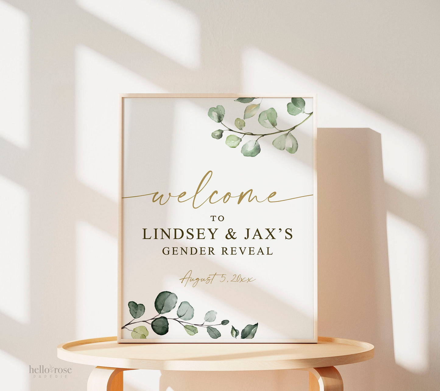 Gender Reveal Welcome Sign Printable Personalized . Greenery and Gold Eucalyptus . PRINTABLE Poster . PDF Digital Download G2