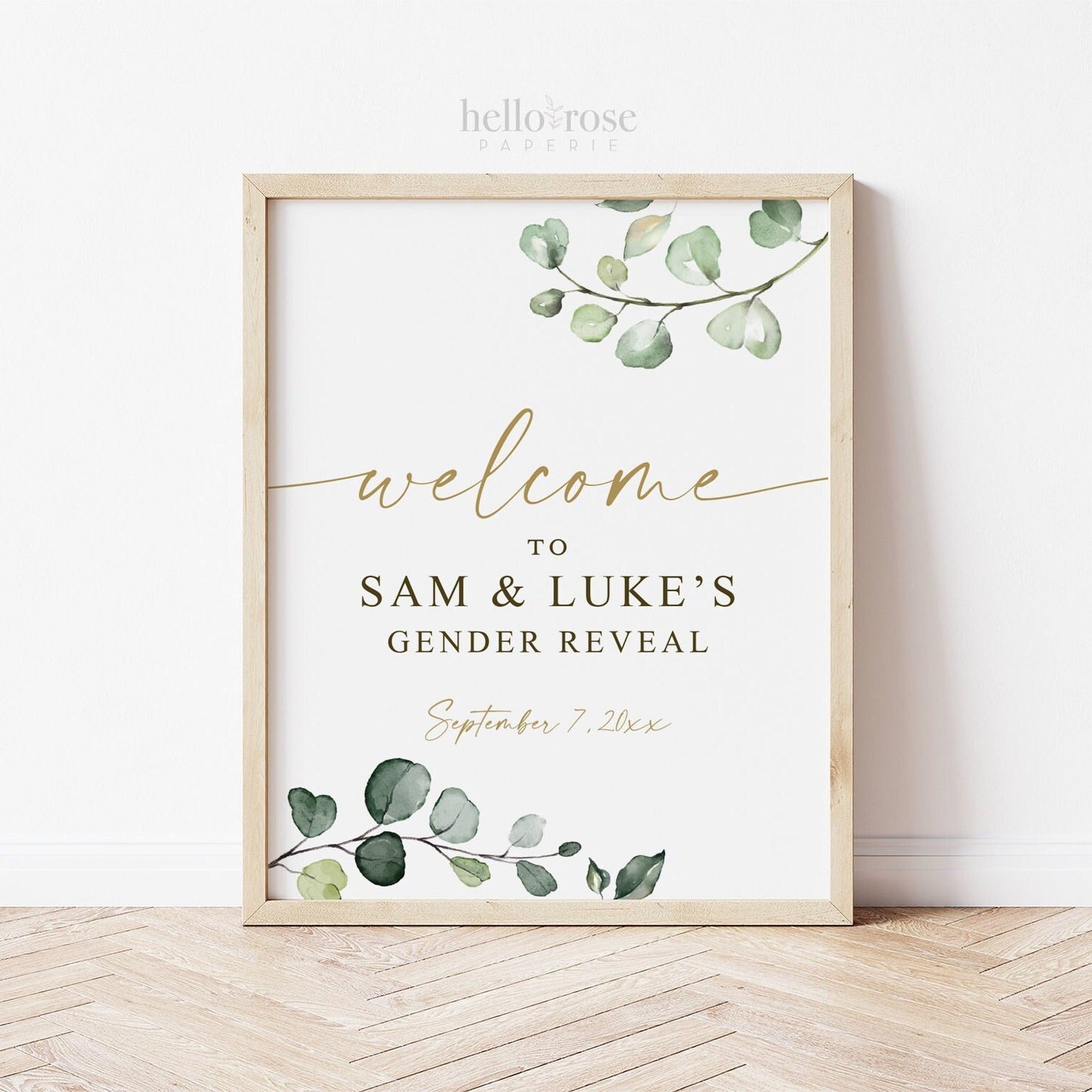 Gender Reveal Welcome Sign Printable Personalized . Greenery and Gold Eucalyptus . PRINTABLE Poster . PDF Digital Download G2