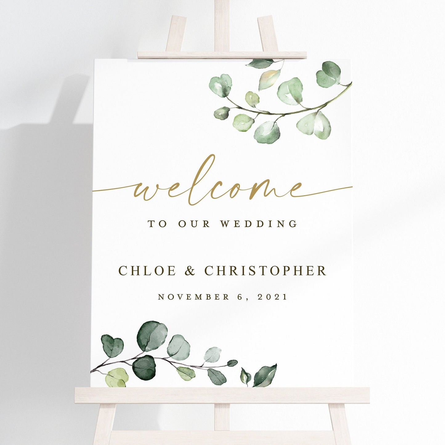 Wedding Welcome Sign . Personalized Welcome to Our Wedding Printable Poster Sign . Greenery and Gold Eucalyptus . Digital Download G2