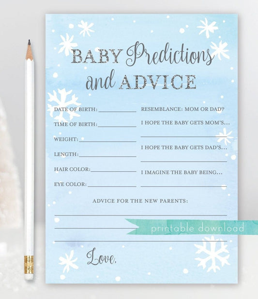 Baby Predictions and Advice Card . Boy Baby Shower Game . Baby It's Cold Outside . Snowflakes Blue and Silver . Printable Instant Download
