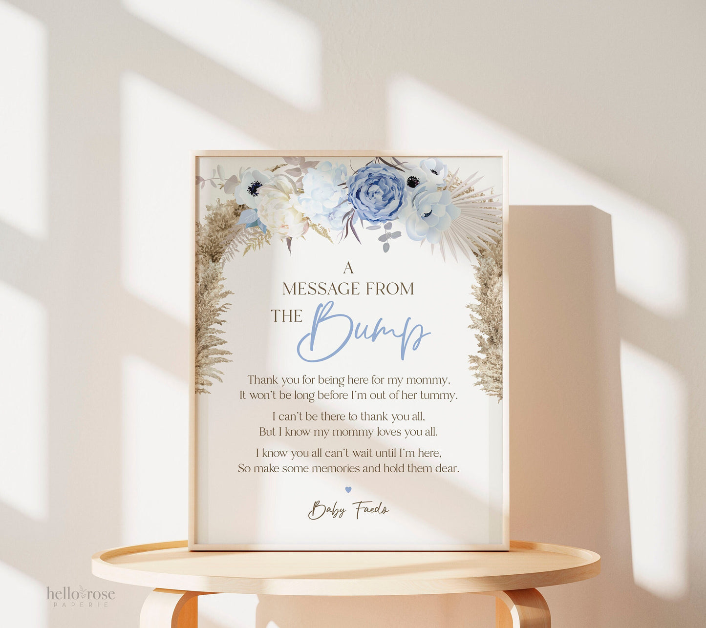 A Message From the Bump PRINTABLE Personalized Sign . Boy Baby Shower . Message From Baby . Blue Pampas Grass Floral . DIGITAL DOWNLOAD