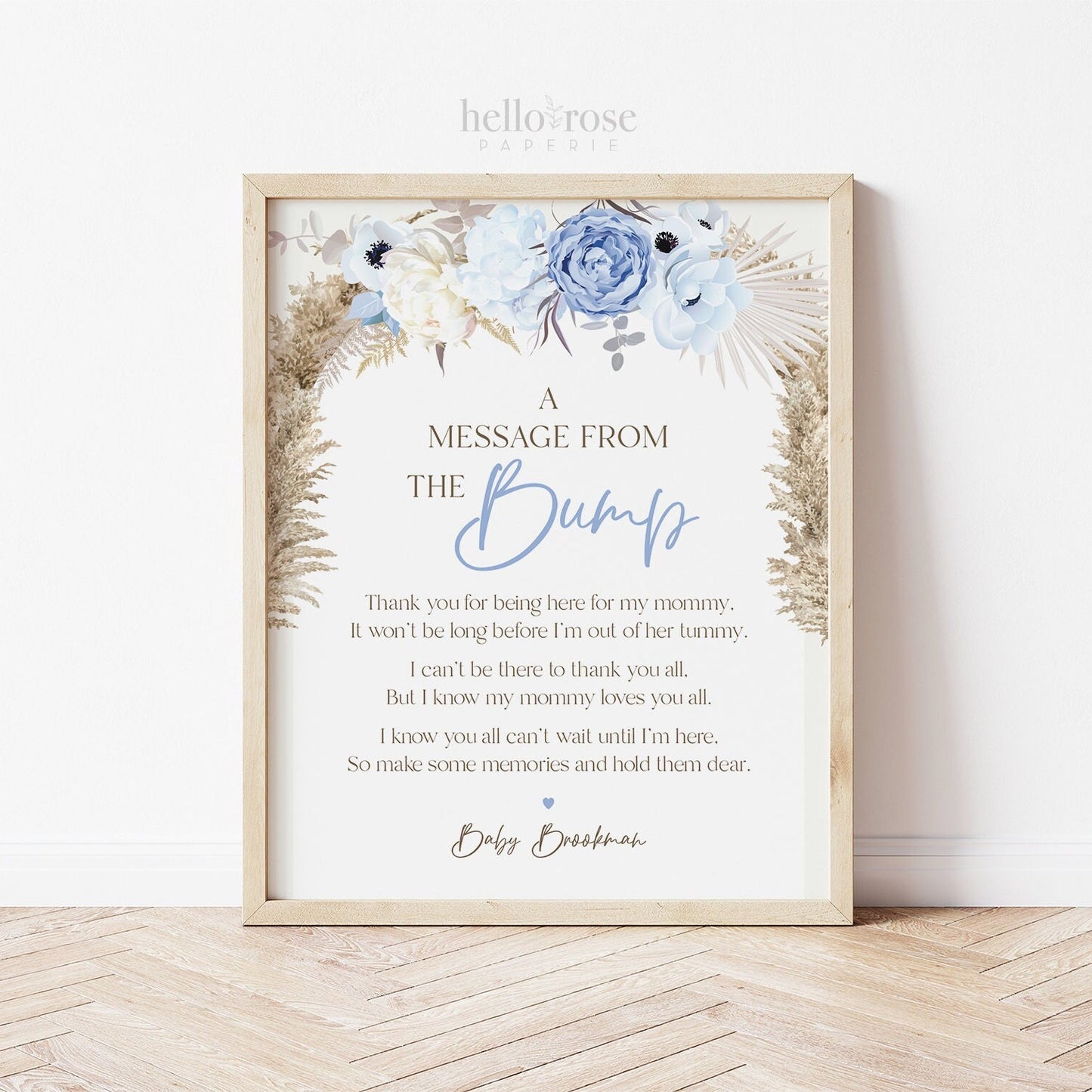 A Message From the Bump PRINTABLE Personalized Sign . Boy Baby Shower . Message From Baby . Blue Pampas Grass Floral . DIGITAL DOWNLOAD