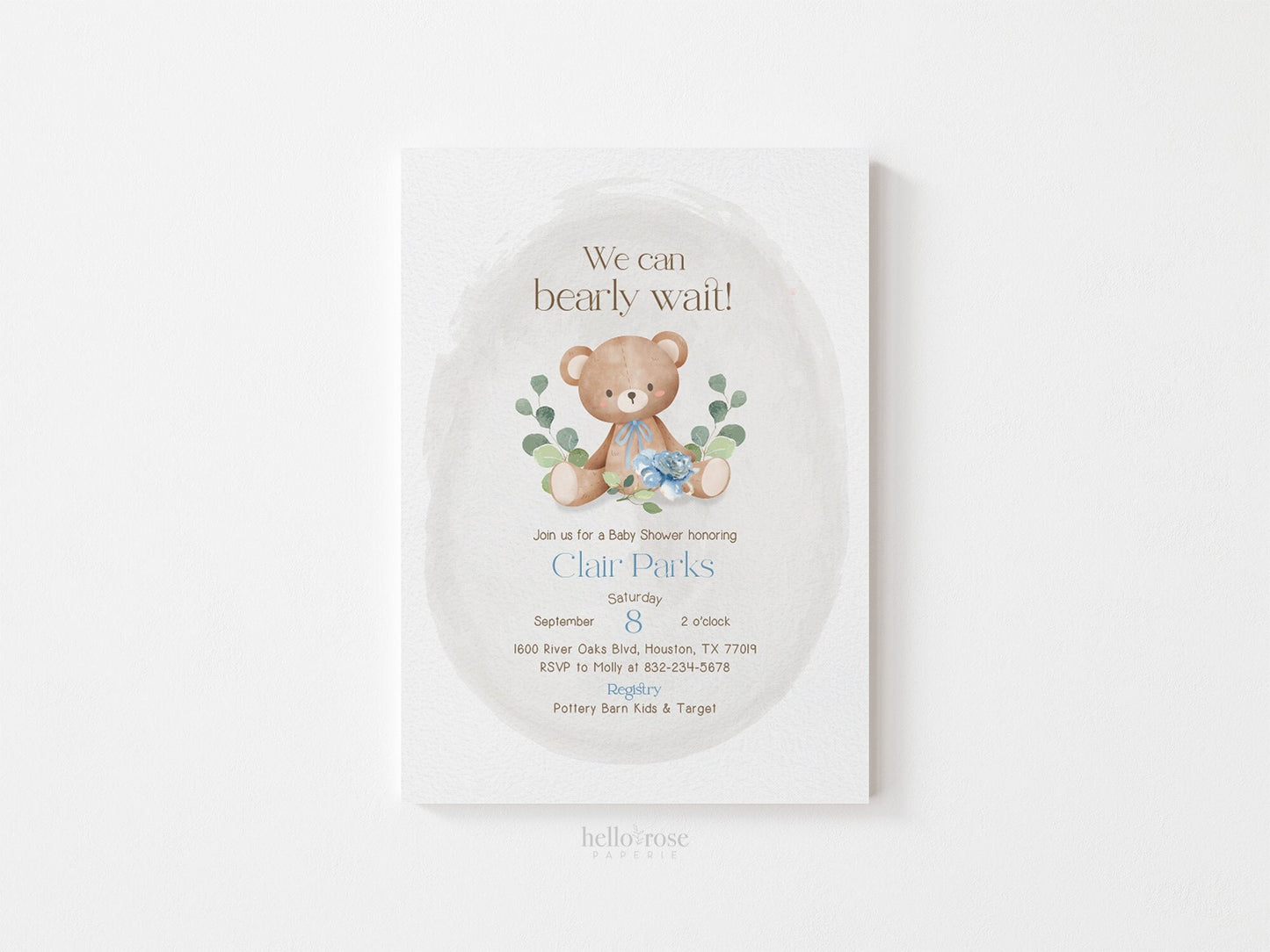We Can Bearly Wait Baby Shower Printable Invitation . Teddy Bear Boy Baby Shower . Greenery and Floral Watercolor . Digital Download