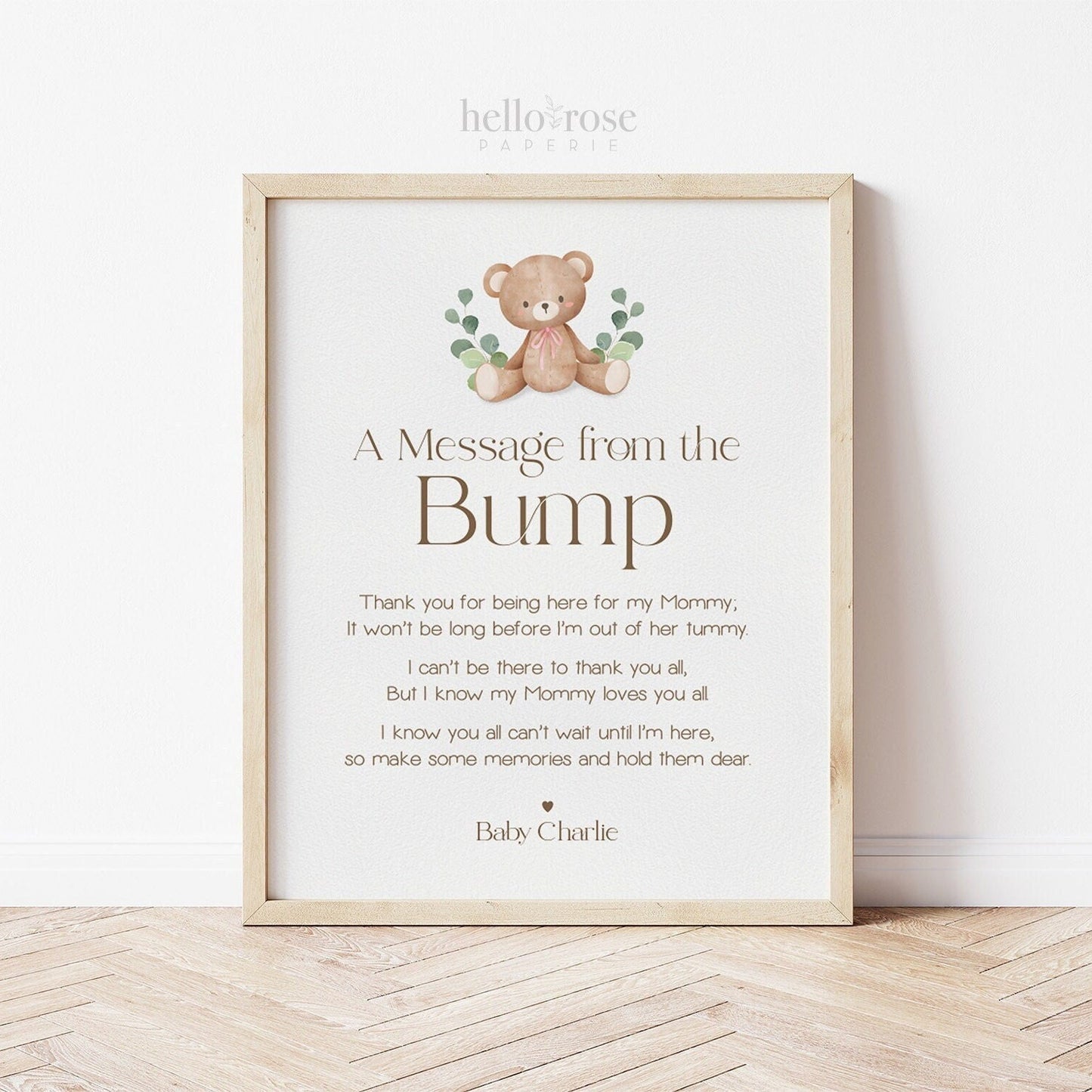 A Message From the Bump PRINTABLE Teddy Bear Pink . Baby Shower Bump Sign . Message From Baby Girl . Can Bearly Wait . DIGITAL DOWNLOAD 8x10