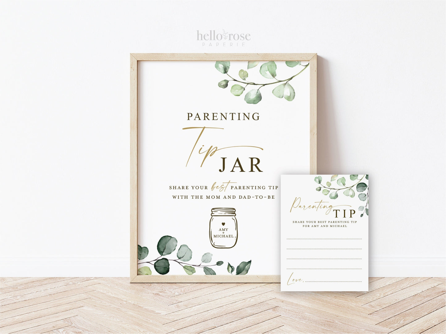 Personalized Parenting Tip Jar Printable Game Sign and Cards . Boy Girl Neutral Baby Shower . Greenery and Gold . Digital Download PDF G2