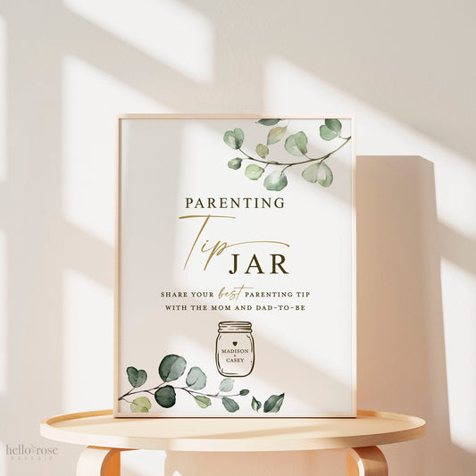 Personalized Parenting Tip Jar Printable Game Sign and Cards . Boy Girl Neutral Baby Shower . Greenery and Gold . Digital Download PDF G2