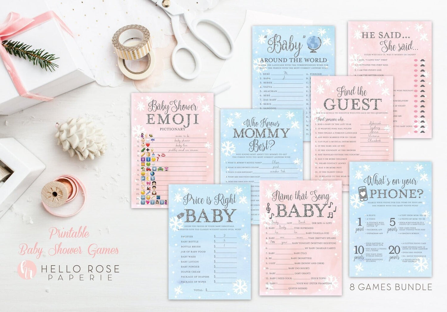 Baby Shower Twins Boy and Girl Games Set 8 Games Printable . Blue Pink and Silver . Winter Baby its Cold Outside . Instant Download Bundle