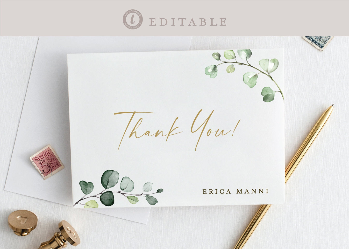 Thank You Card Template for Wedding Bridal Baby Shower Small Business . Greenery Gold . PRINTABLE Editable Templett Instant Download . G2-T