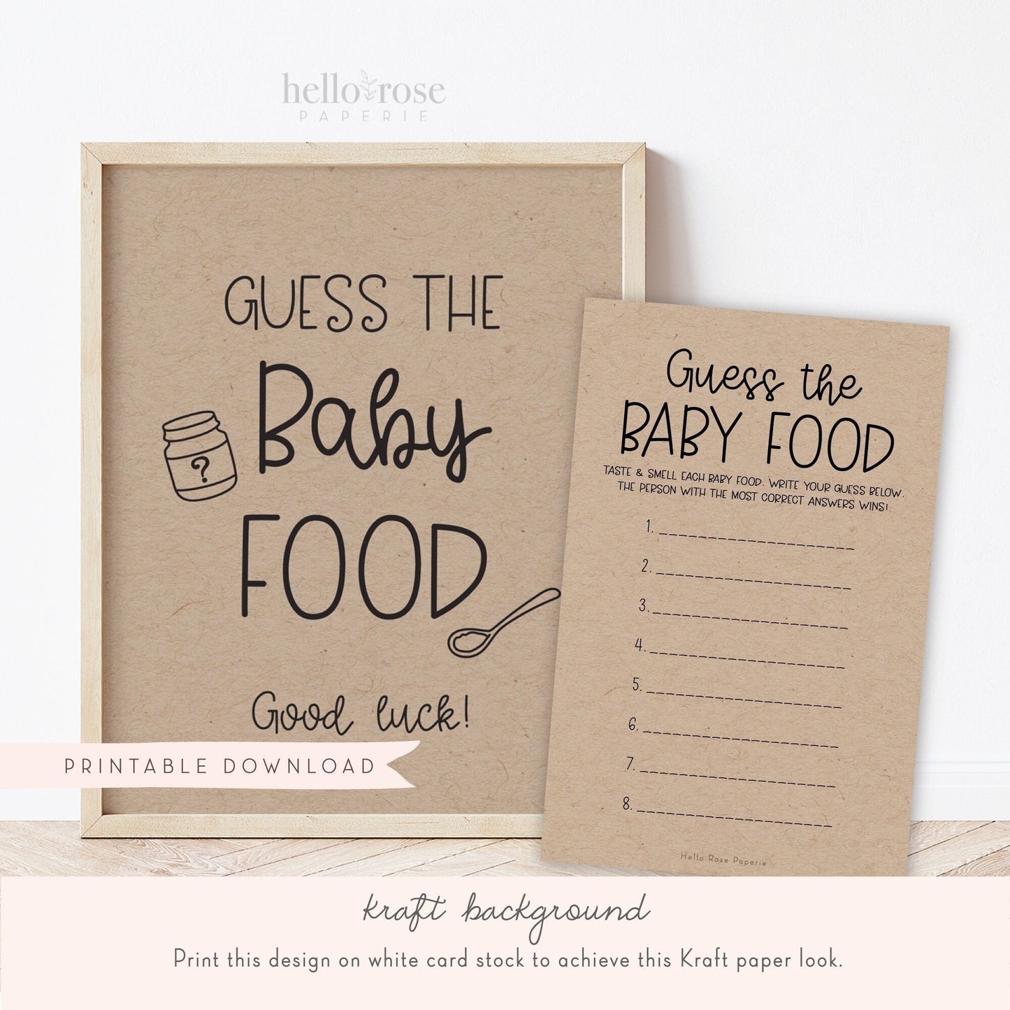 Guess the Baby Food Baby Shower Game Sign and Cards . Boy Girl Baby . Kraft + Black & White . Printable 8x10 Instant Digital Download . K4
