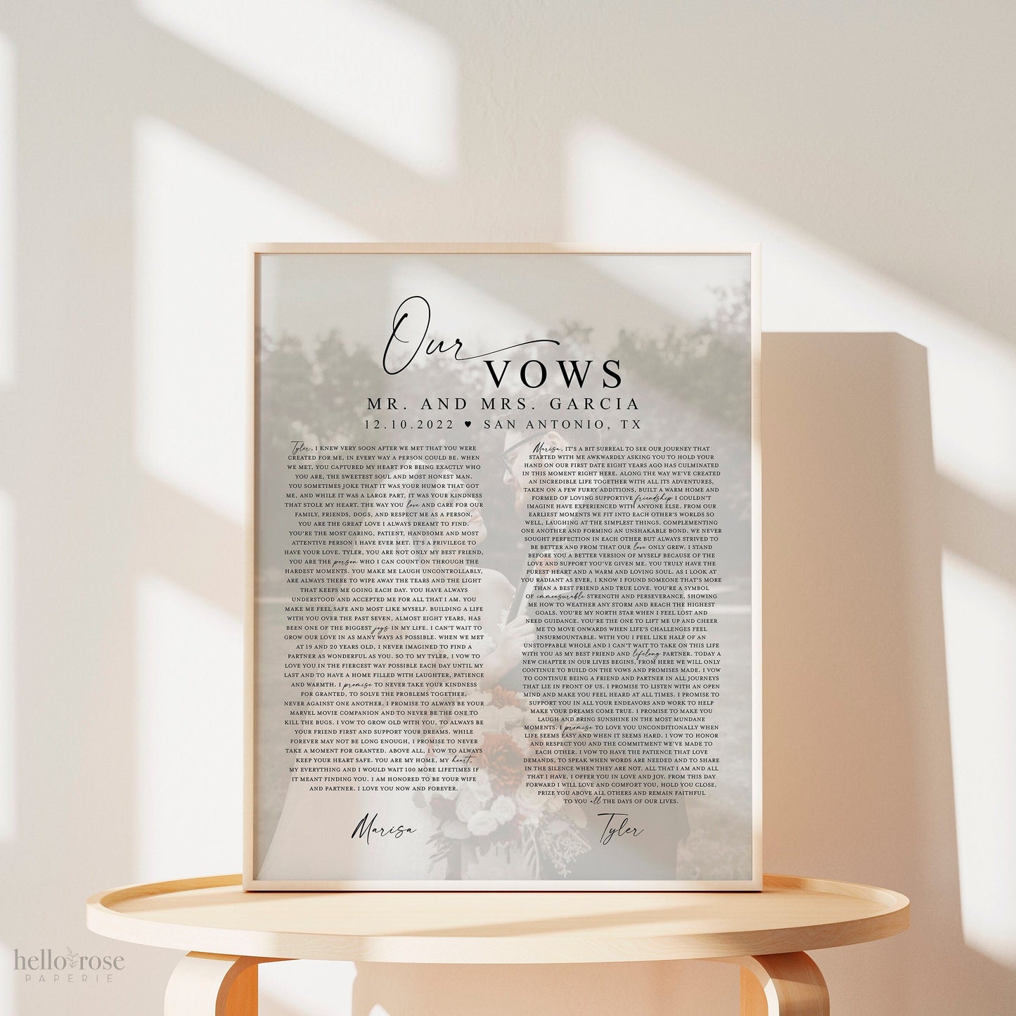 Personalized Wedding Vows Printable Gift Print with Photo . First Paper Wedding Anniversary Gift for Him Her . Wall Art Digital Download