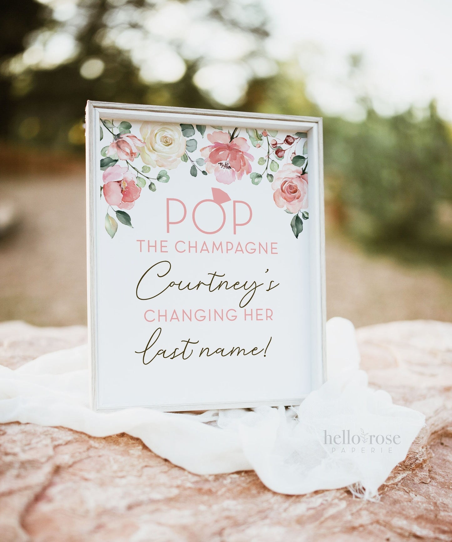 POP the Champagne She's Changing Her Last Name . Blush Pink Floral Greenery . Bridal Shower Bachelorette . Personalized Printable Download