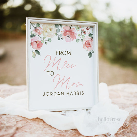 Personalized Miss to Mrs . Floral Roses Greenery Watercolor . Bridal Wedding Shower Bachelorette Hens Party . Printable Download